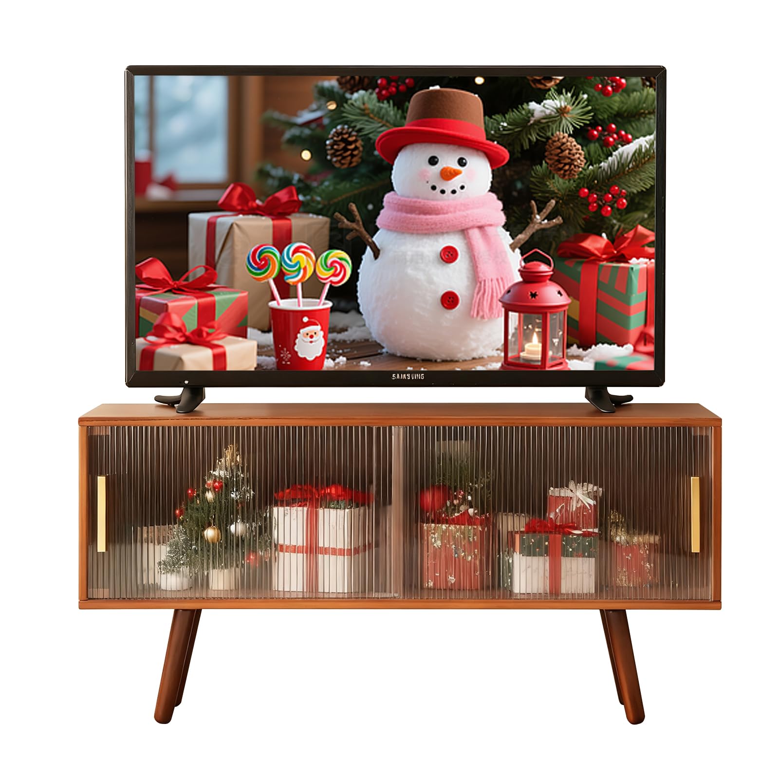 Baveke Bamboo TV Stand Entertainment Center is Feat FSC-Certified Wood, Mid-Century Modern Television Stand for 50-55 inch TVs, Rustic Brown Media