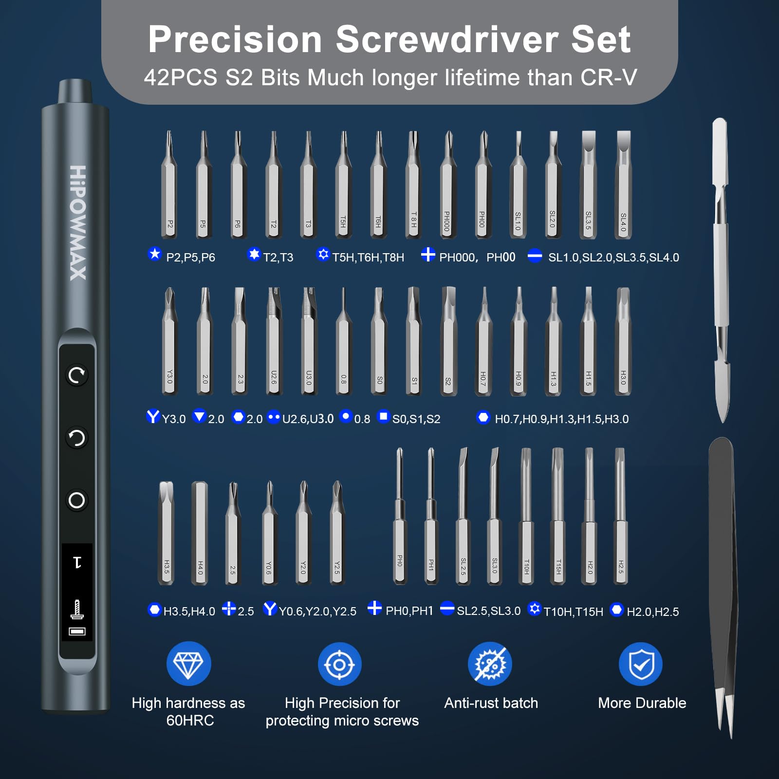 Mini tournevis électrique 3,7 V 49 en 1 tournevis de précision électrique sans fil, 5 réglages de couple, lumières LED, tige de levier, pince à épiler, kit d'outils de réparation pour ordinateur, PC