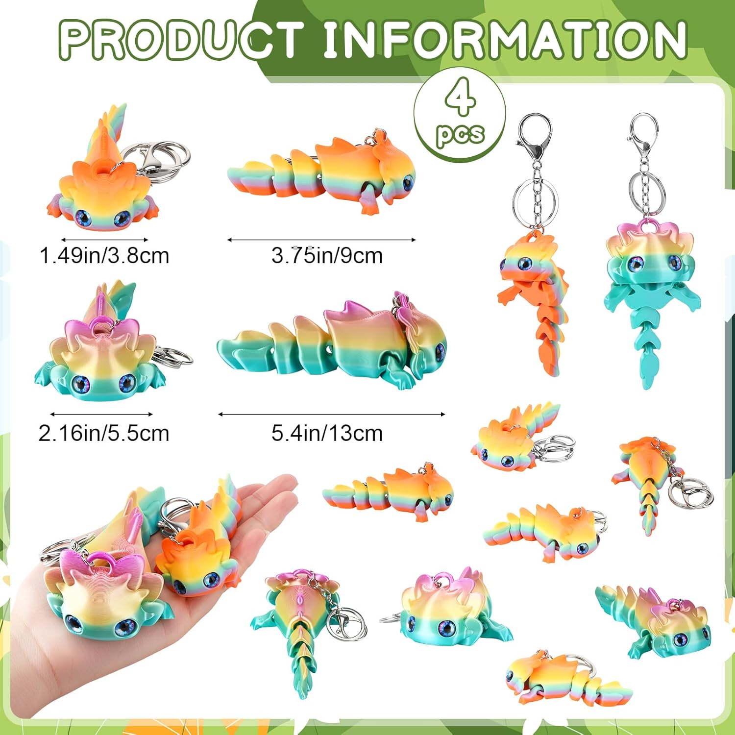 4 Pcs Cute 3D Printed Axolotl Keychains 2 Sizes Articulating Axolotl with Keychain Flexible Collectible Set Birthday Gifts