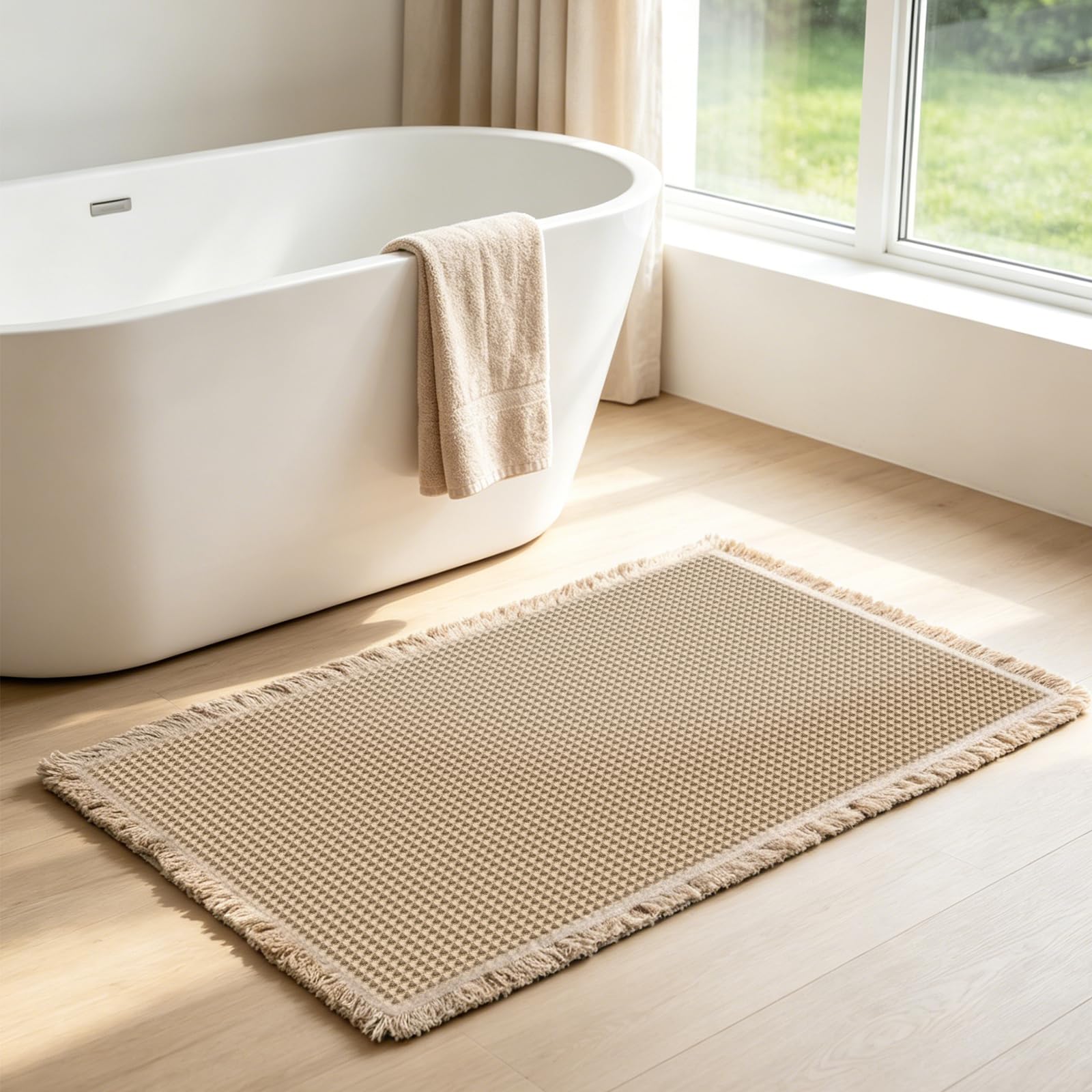 Bubuny Bath Mat 50 x 80 cm, Bathroom Mat, Waffle Style Non Slip Bath Mat, Anti Mould Absorbent Washable for Bathroom Living Room Doormat, Brown Bathmat