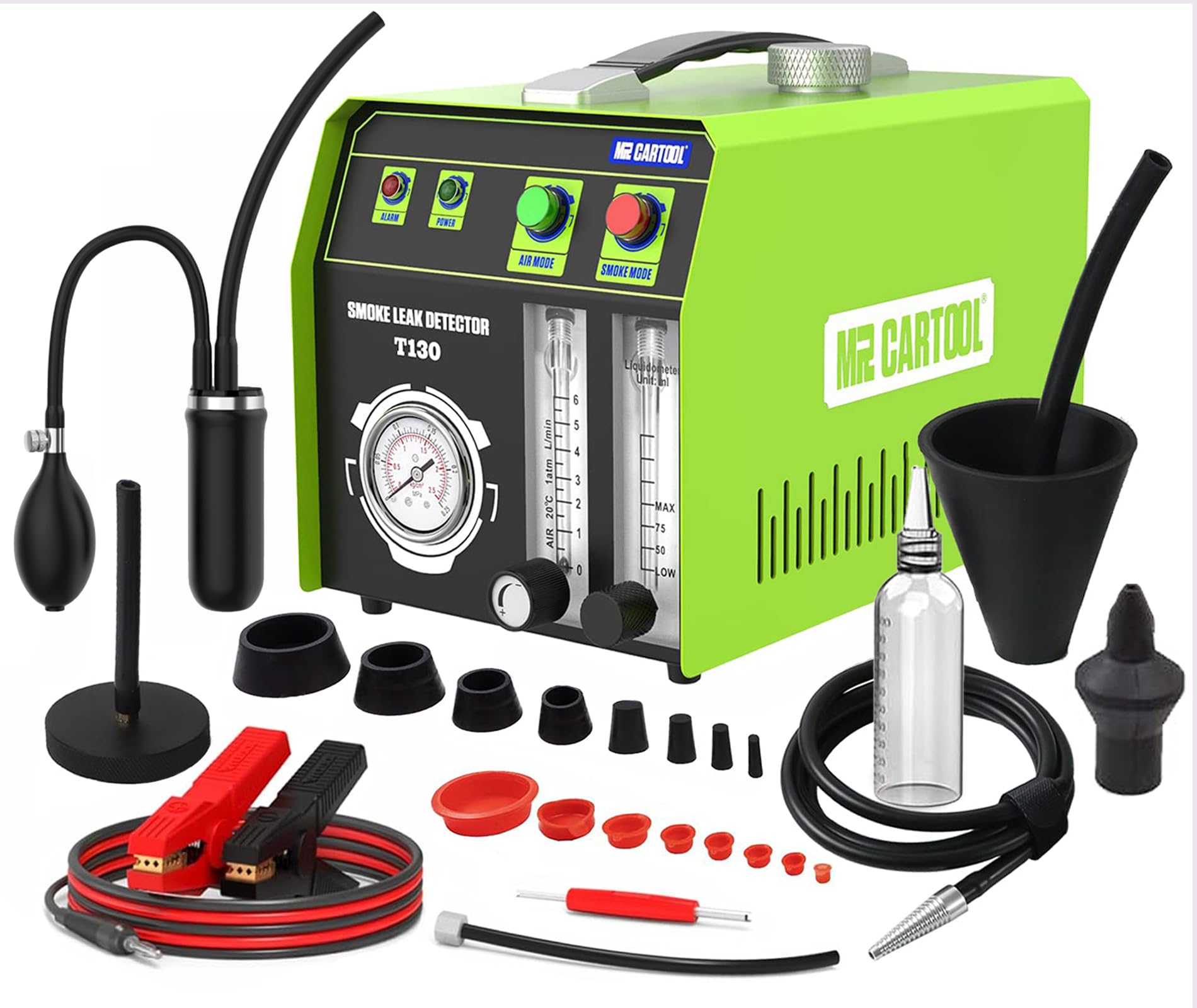 MRCARTOOL T130 Automotive Smoke Machine EVAP Leak Detector with Air Pump Pressure Gauge Flow Meter, Dual Mode Car Fuel Pipe System Vacuum Leakage Diagnostic Tester with Oil Meter for 12V Vehicles