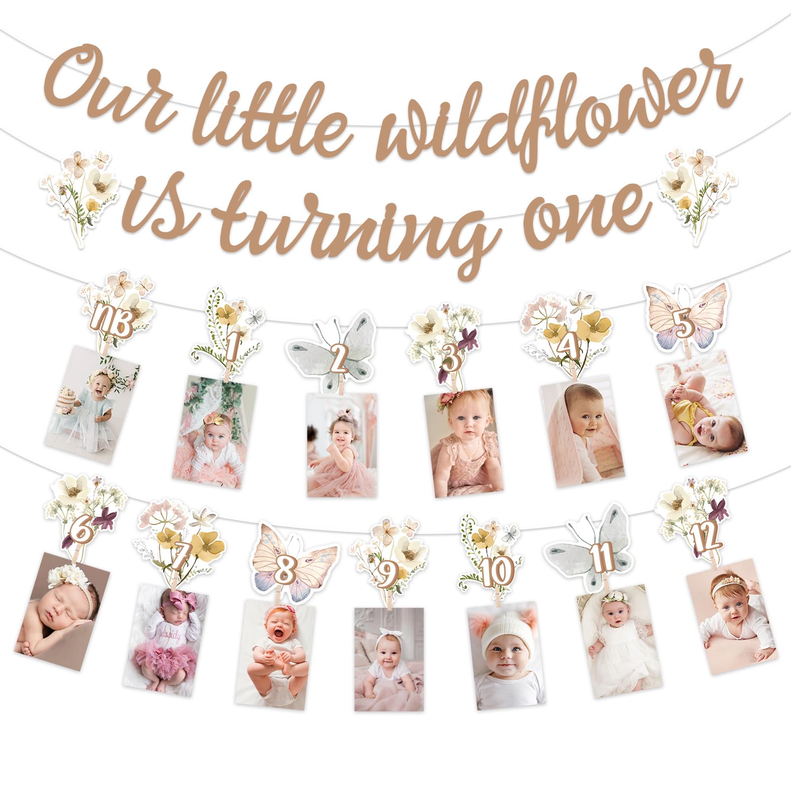 Jollyboom Wildflower First Birthday Decorations, Boho Our Little Wildflower is Turning One Banner Garland Floral Flower Theme Photo Banner from Newborn to 12 Months for Girls 1st Birthday Party Decor