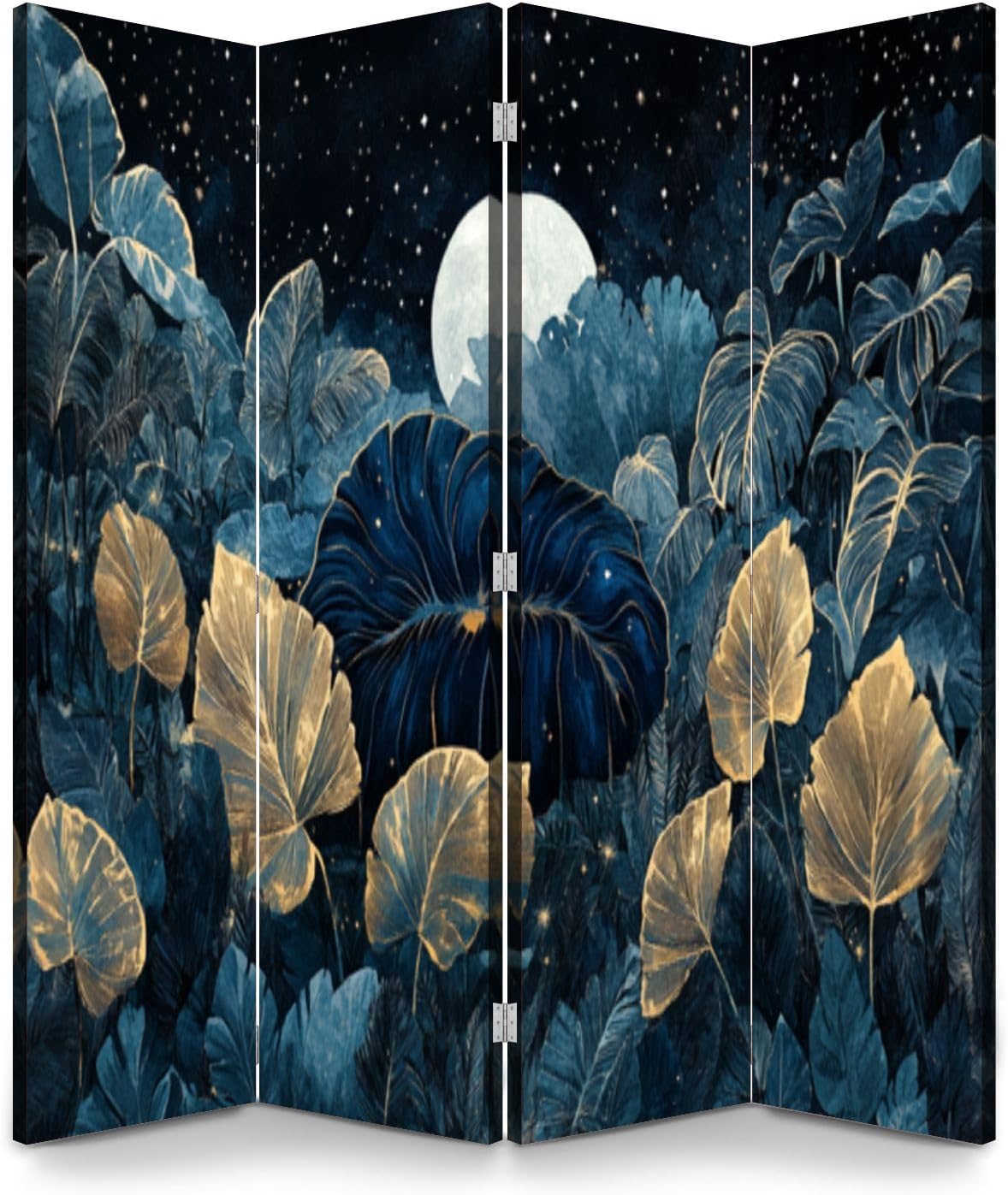 Wood Screen Room Divider Peaceful Night Garden Moonlight Stars Folding Screen Canvas Privacy Partition Panels Dual-Sided Wall Divider Indoor Display Shelves 4 Panels