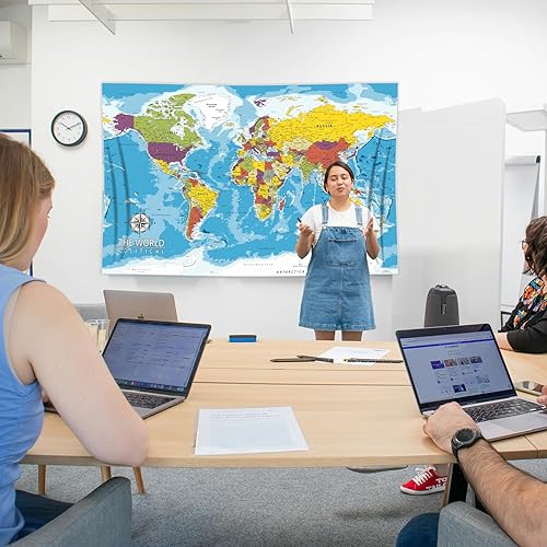 Miniatura 5 de PARTH IMPEX Gran mapa del mundo para pared, póster educativo de 36 x 56 pulgadas para aula, tapiz de tela lavable, suministros escolares estéticos,