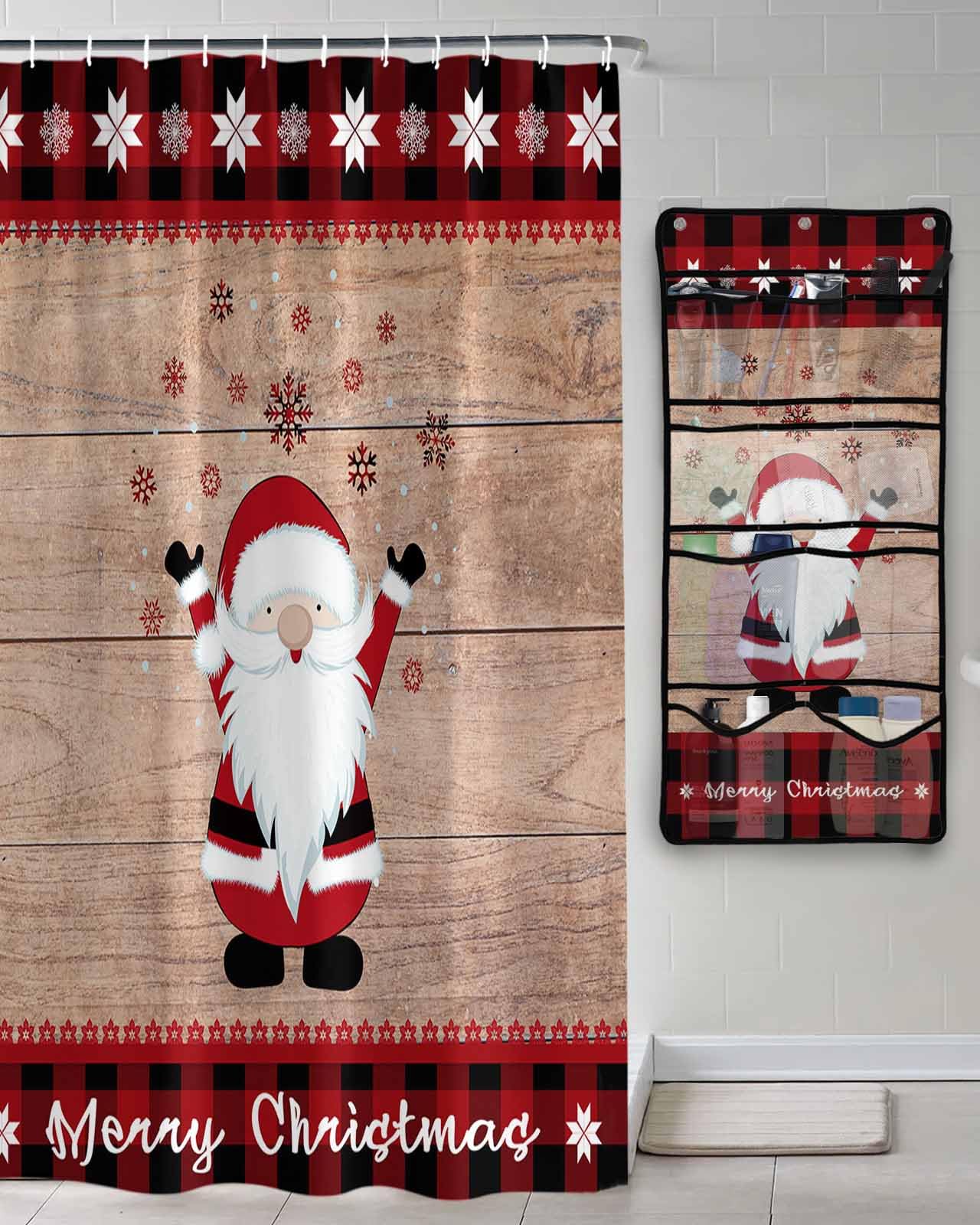 Shower Curtain Mesh Shower Organizer Hanging Set Merry Christmas Gnome Elves on Retro Wooden Board Waterproof Shower Curtains