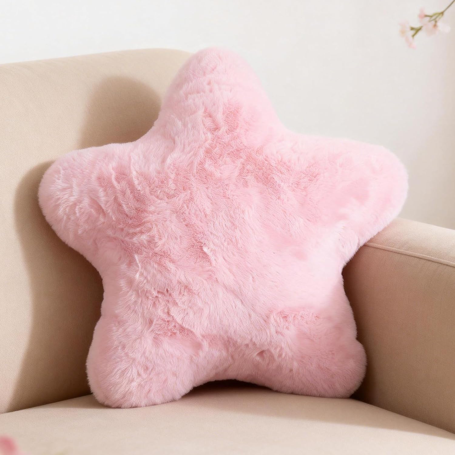 YRXRUS Star Pillows, Light Pink Star Shaped Pillow, Decorative Throw Pillow Gifts, Cute Plush Room Decor, Fluffy Faux Rabbit Fur 18"x18" Pillows for Living Bedroom