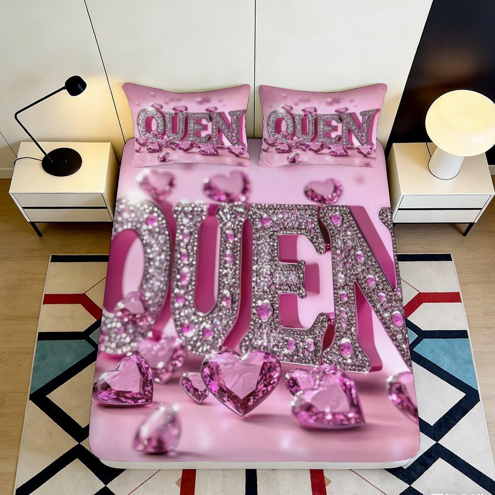 3D Printed Pink Queen Crown Fitted Sheet Microfiber Soft Non Slip Bed Cover for Bedroom Dorm Mattress Protection 90x200x25cm