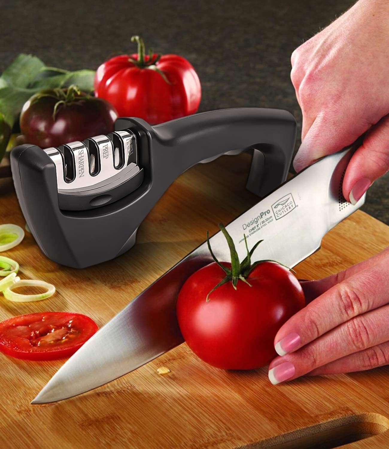 Knife Sharpener 3-Slot Quality Kitchen Knife Accessories to Repair, Grind, Polish Blade, Professional Knife Sharpening Tool for Kitchen Knives, Easy Manual Sharpener with Cut-Resistant Glove