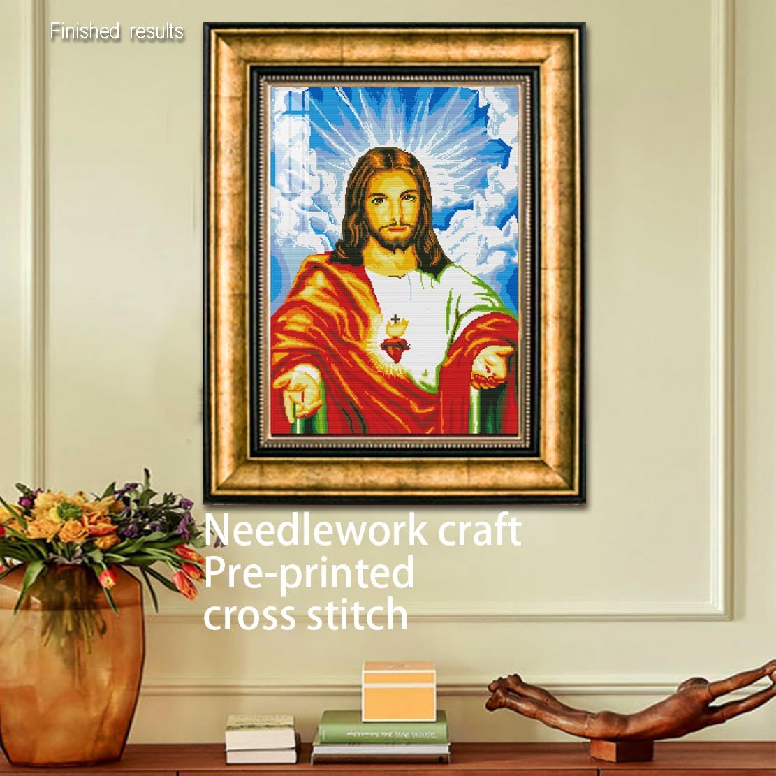 ROSTITCH Easy Cross Stitch DY1017 Sacred Heart of Jesus Cross Stitch Kits, 11CT Preprinted Pre Printed Counted Stamped Cross Stitch Kits for Beginners Adults,
