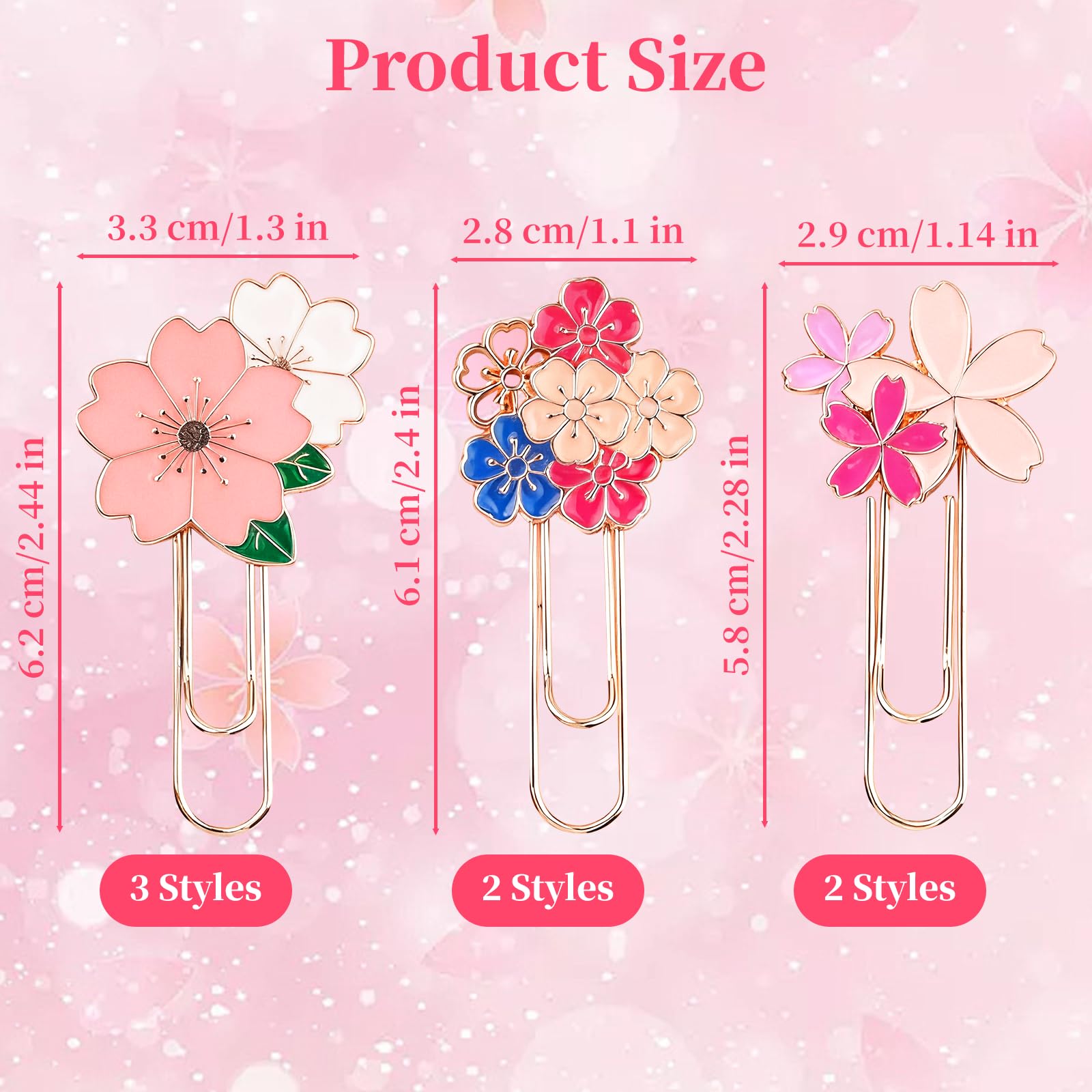 Lot de 7 trombones mignons en forme de fleur de cerisier - Jolis trombones décoratifs en métal doré rose avec motifs uniques de fleurs de cerisier pour marque-page, pince, accessoires de papeterie de