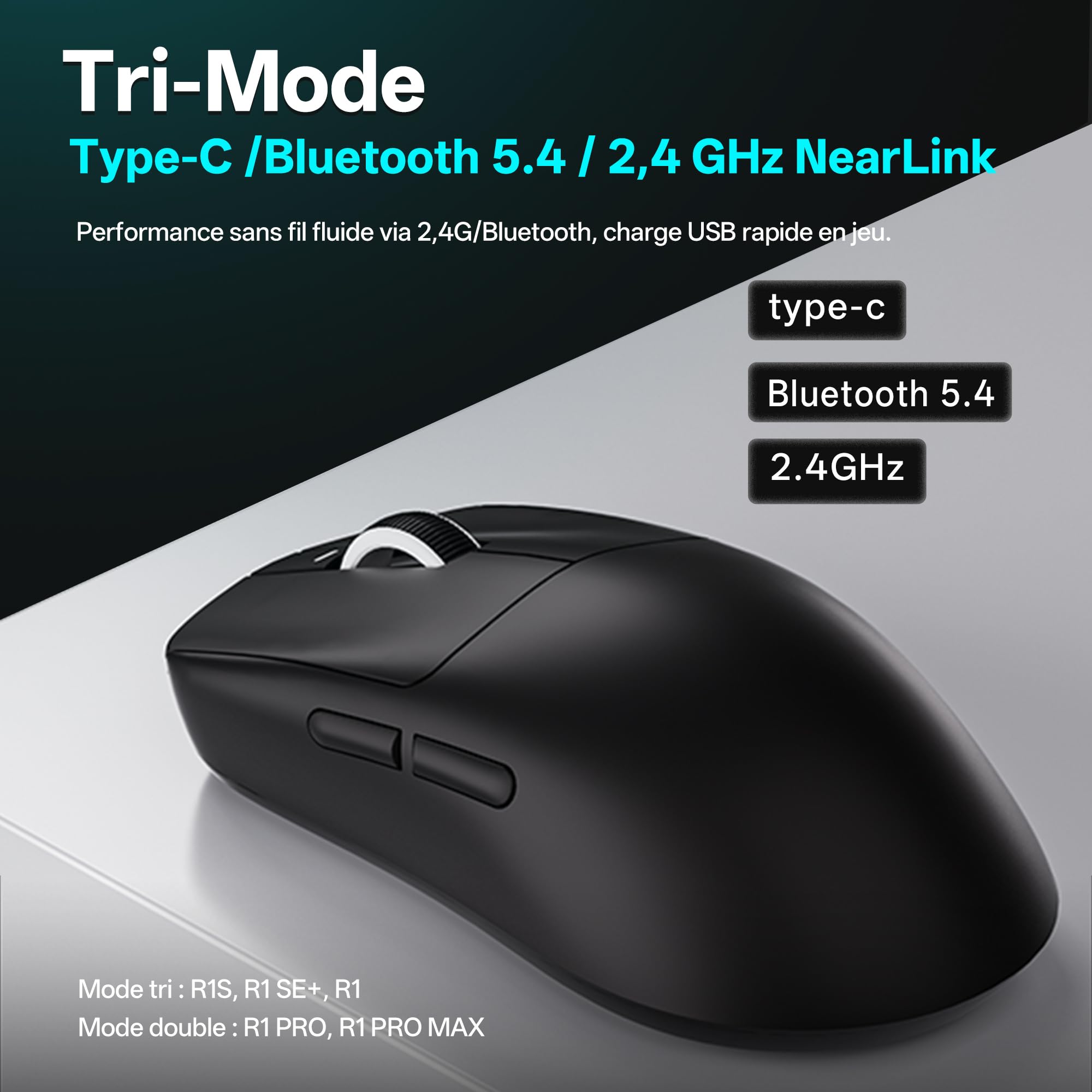 ATK VXE Dragonfly R1 Pro Max Souris Gaming sans Fil, Capteur PAW3395, jusqu'à 26 000 PPP, Ultra-légère 53g, Batterie 150 Heures, Revêtement Lisse Effet Glace, Double Mode 2,4 G/Filaire – Noire