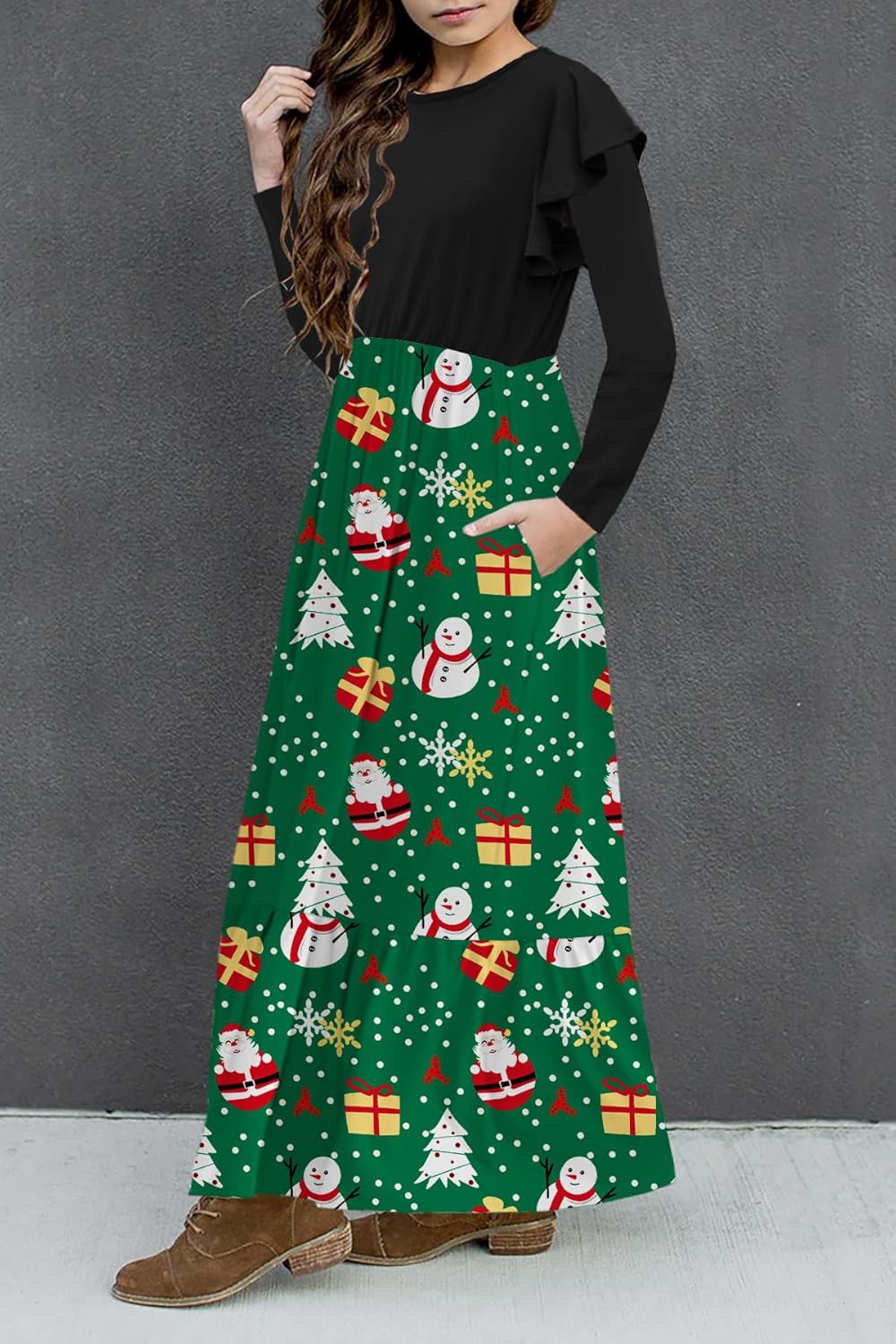 HOSIKA Girls Fall Ruffle Long Sleeve Crew Neck Loose Casual Flowy Tiered Maxi Dress with Pockets for 6-12 Y - Image 3