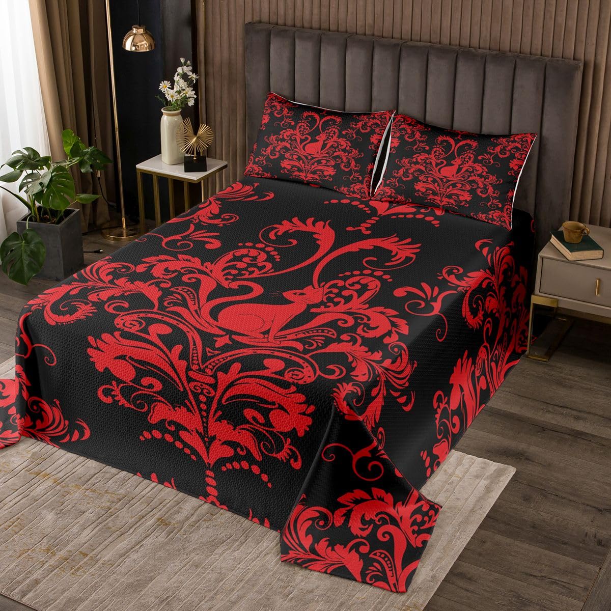 Homewish Juego de colcha de damasco rojo, tamaño King, diseño gótico de gato negro, vintage, bohemio, floral, para niños y adultos, ropa de cama victoriana antigua, acolchada, decoración estética