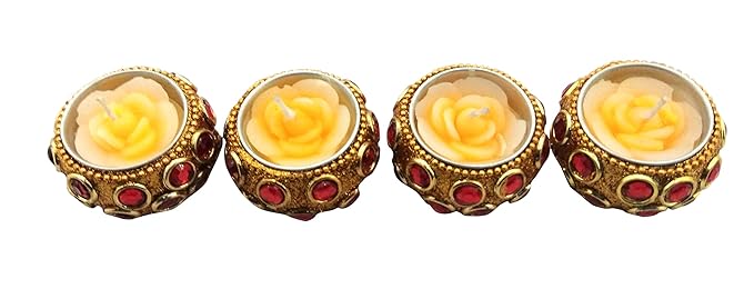 EyeCa Fashion Set of 4 Reusable Designer Golden Red Color Tealight Candle Holder with Tealight Candles | Metallic Hand Crafted Diya with Tealight Candles for Home|Office|Spa|Casual Decoration (Set of 4)