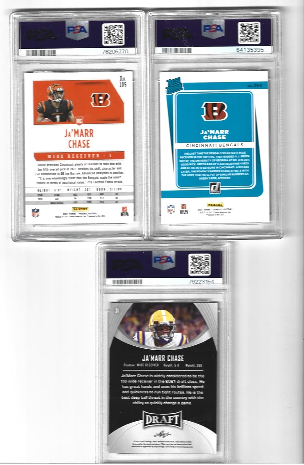 Graded Psa 10 Ja'Marr Chase 3 Card Football Rookie Lot Donruss, Fire Burst & Leaf Gold Offensive Rookie Player Of The Year Bengals Superstar Receiver! You Will Receive All 3 Cards Shown