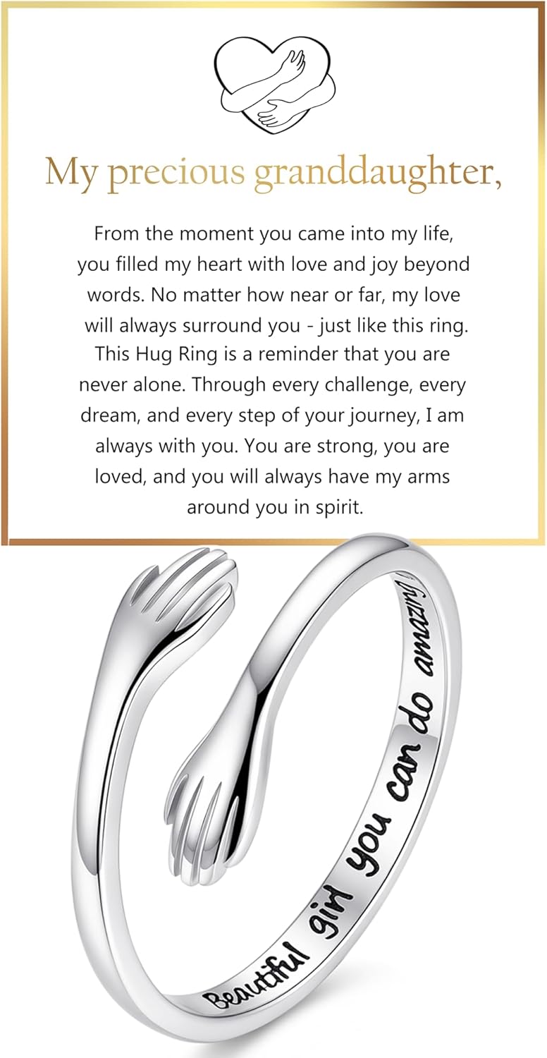 RANKEEF S925 Sterling Silver Hug Ring for Granddaughter Daughter Adjustable Ring for Women Hope Rings for Granddaughter Birthday Christmas for Daughters Tarnish Free Jewelry Gift for Her