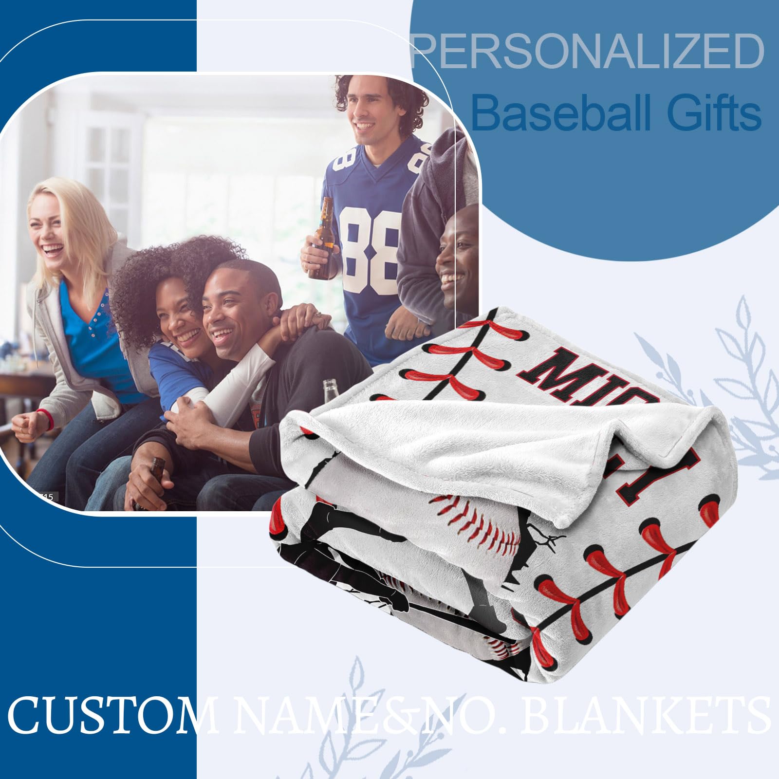 DayOfShe Personalized Baseball Blanket with Name and Number Boys Baseball Gifts, Custom Team Throw Blankets for Fans Boys Baseball Team Gifts