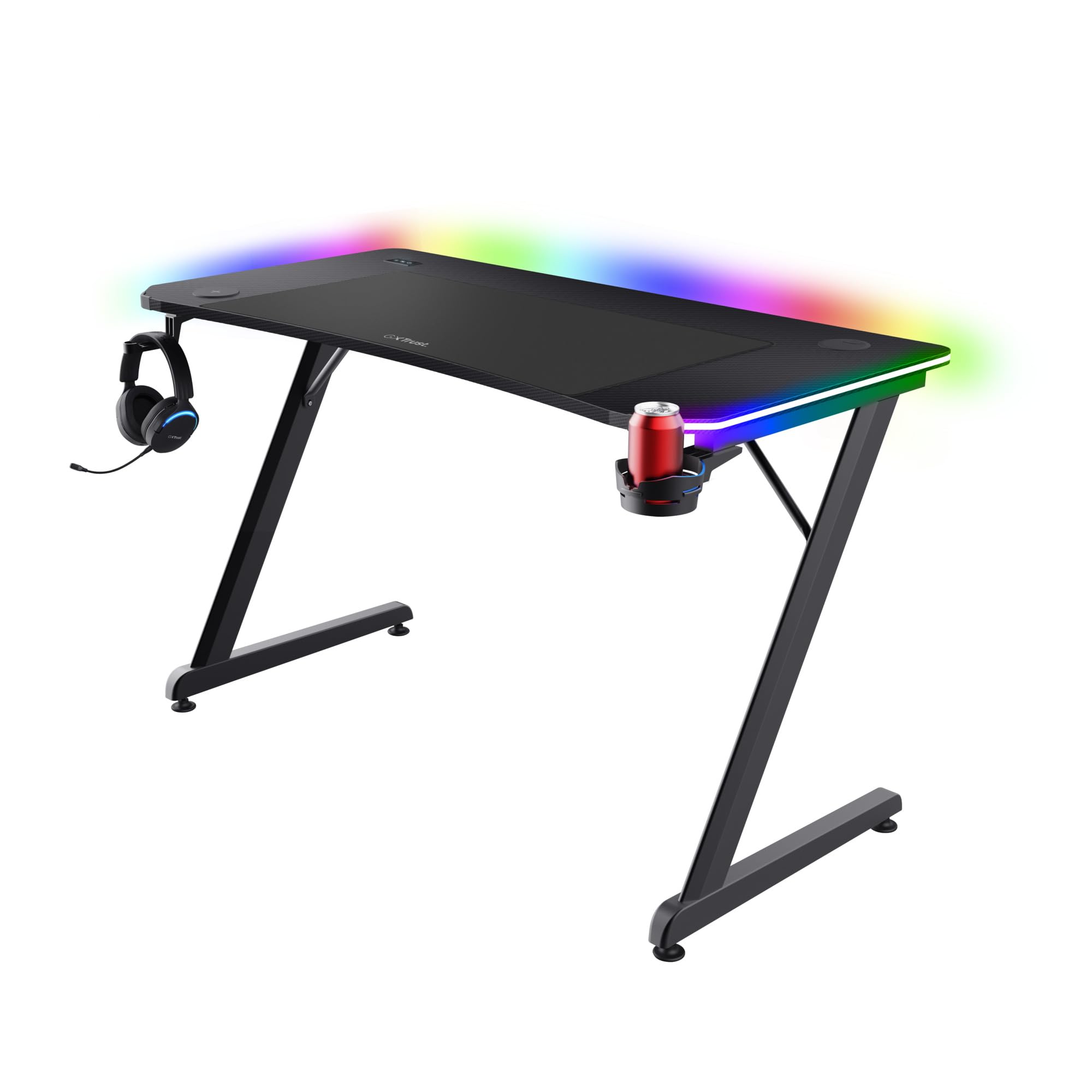 Trust Gaming GXT 710 Luminus Pro Gaming Tisch 120x60 mit LED RGB, Integriertes Kabelloses Ladegerät 10 W, 10 Farb-Modi, Gaming Schreibtisch mit Becherhalters, Kopfhörer-Hakens - Schwarz