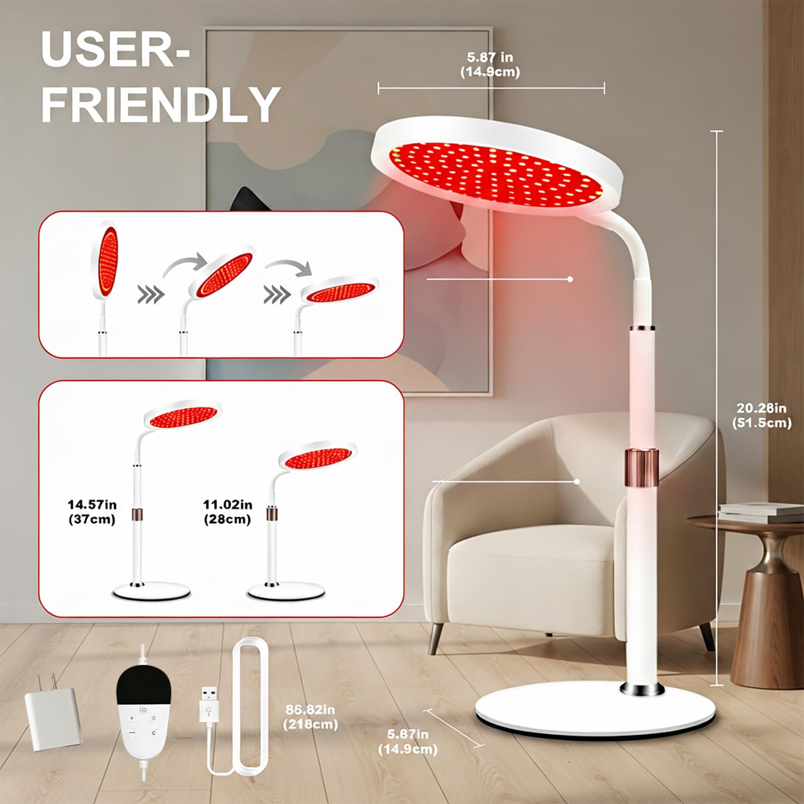 Lámpara de Terapia de Luz Roja e Infrarroja 660nm 850nm, Lámpara LED con Base, Luz Roja para Cara y Cuerpo, Diseño Cuello de Cisne, 100 LEDs, 9 Niveles, Brazo Ajustable, Temporizador