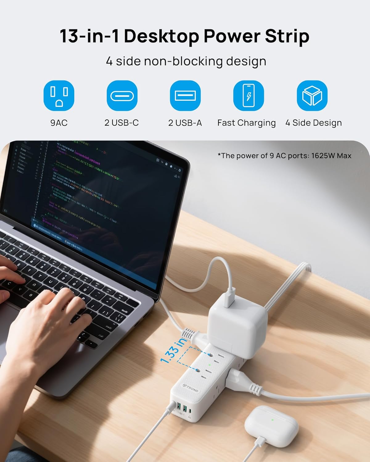 TROND 360° Rotating Flat Plug Power Strip with USB PD 20W, 5FT Flat Extension Cord Surge Protector 1300J with 9 Outlets 4 USB Ports, Wall Mountable, for Home Office Travel Dorm Room Essentials, White