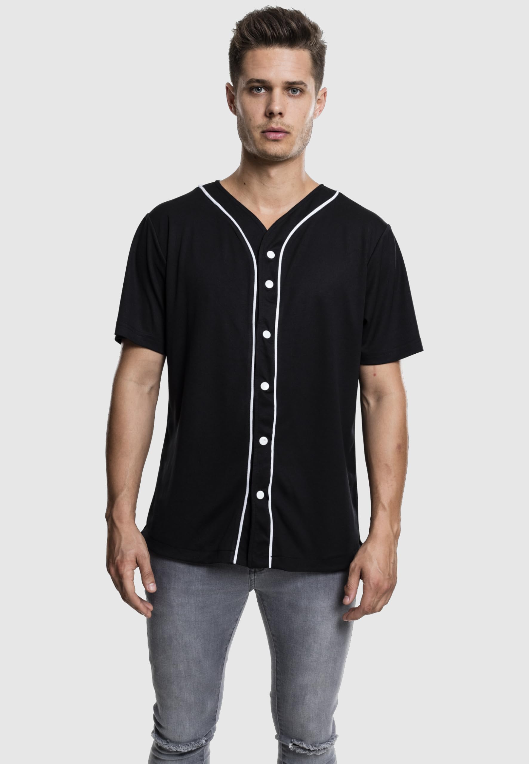 Urban Classics Koszula sportowa na co dzień, T-shirt w paski z krótkim rękawem z guzikami, dekolt w kształcie litery V, standardowy krój Mężczyźni Baseball Jersey