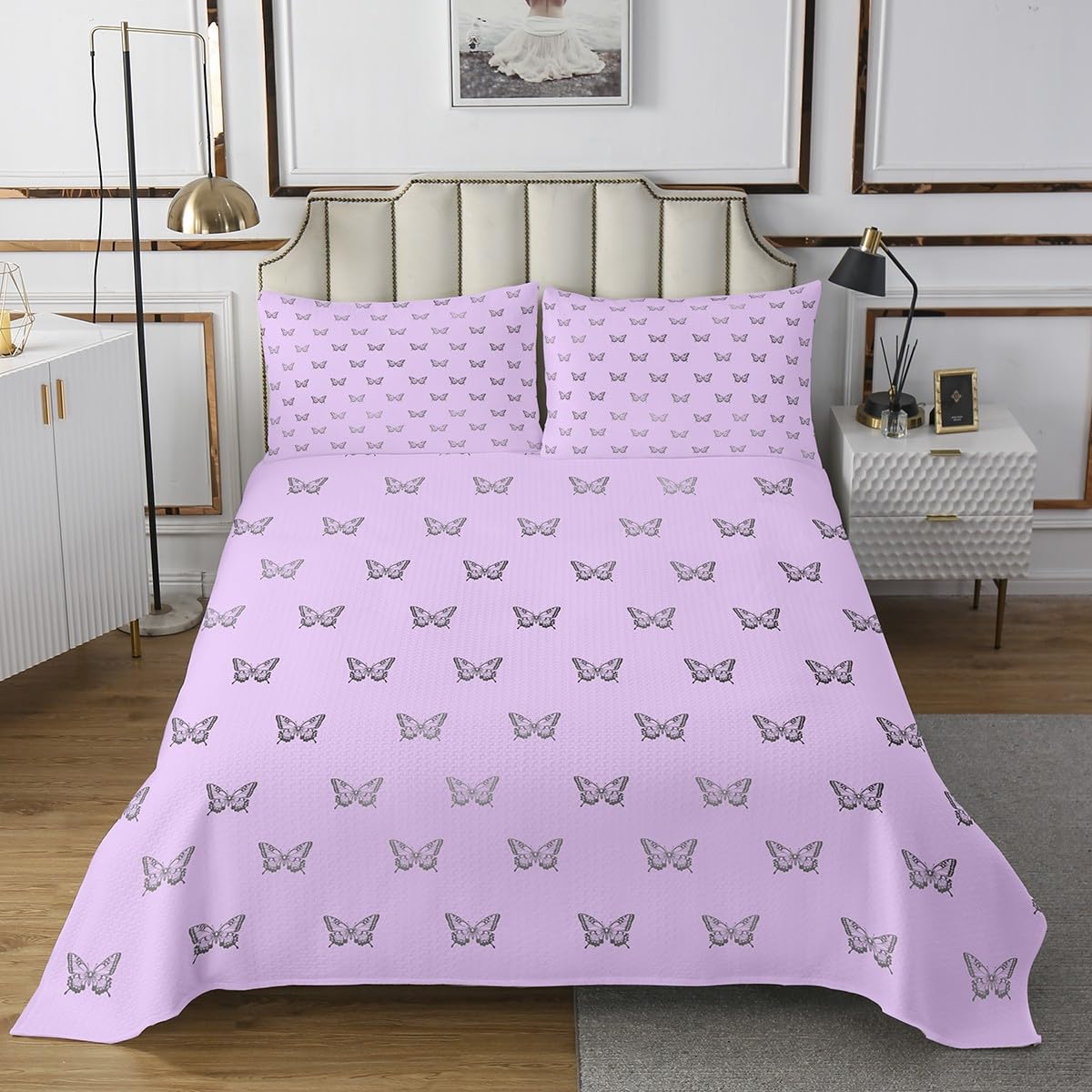 Homewish Butterfly Print Bedspread Twin Size,Wild Animals Bedding Sets 2Pcs for Kids Girls Teens Woman Room Decor,Purple Girly Comforter Set Flying Butterfly Quilt Coverlet,1 Pillowcase