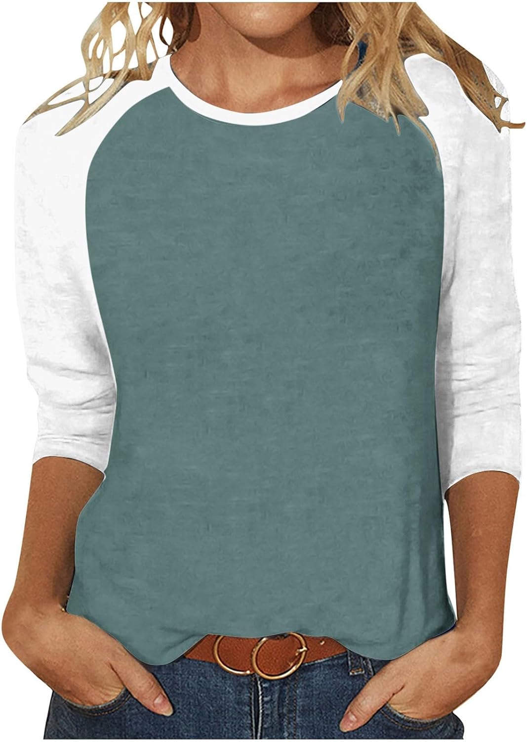 Women 3/4 Sleeve Summer Tops Crew Neck Plus Size T Shirts Color Block Vacation Pullover Tee Stretch Tunic Top