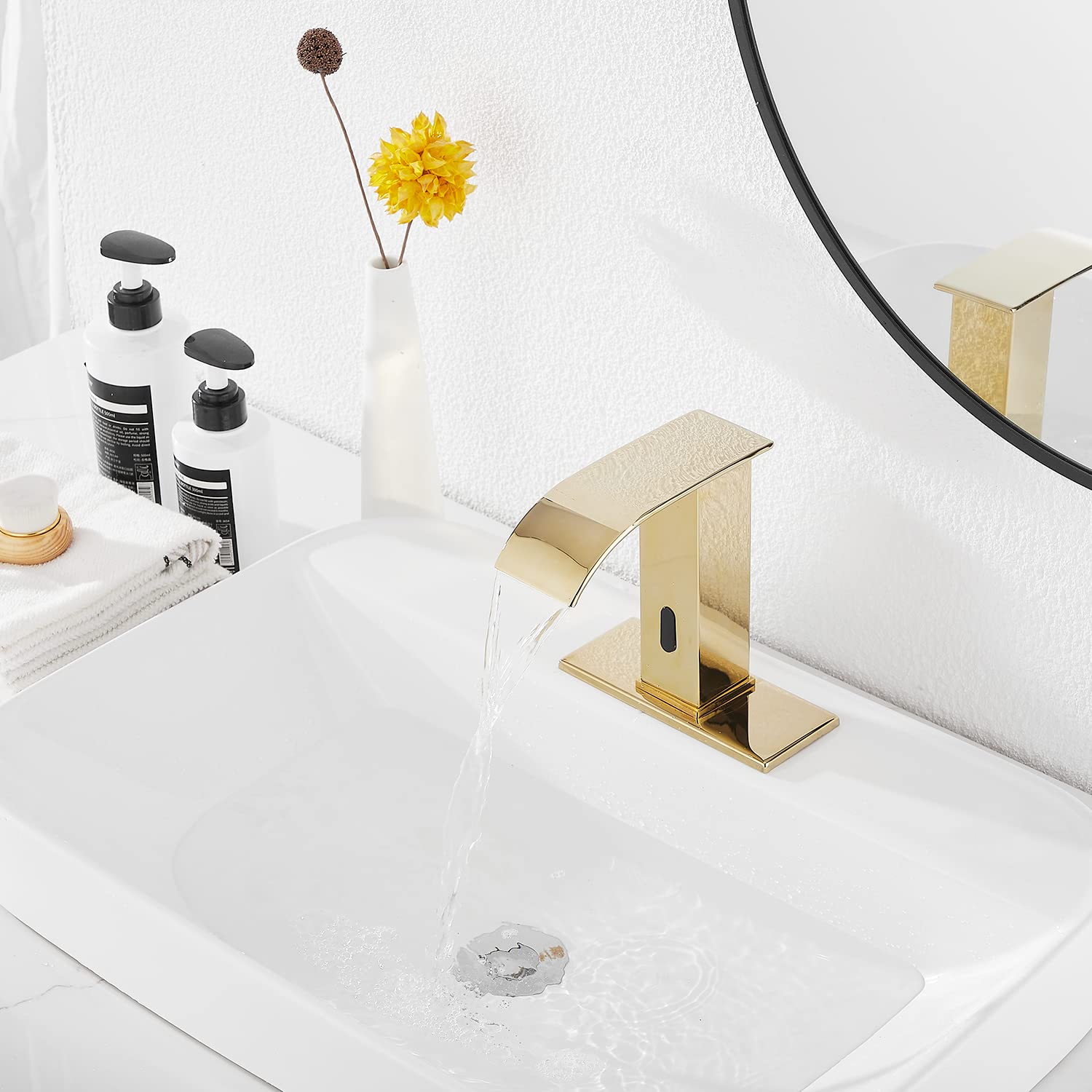 Sensore automatico Oro Lucido Touchless Bagno Lavandino Rubinetto con Coperchio Foro Rubinetto Vanity Mani Free Cascata Bagno Rubinetto Acqua con Scatola di Controllo e Miscelatore Temperatura
