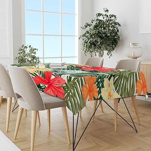 Vista 5 de Mantel para mesas rectangulares, mantel de 60 x 84 pulgadas con flores tropicales de hibisco, hojas de palma impermeables para cocina, cena