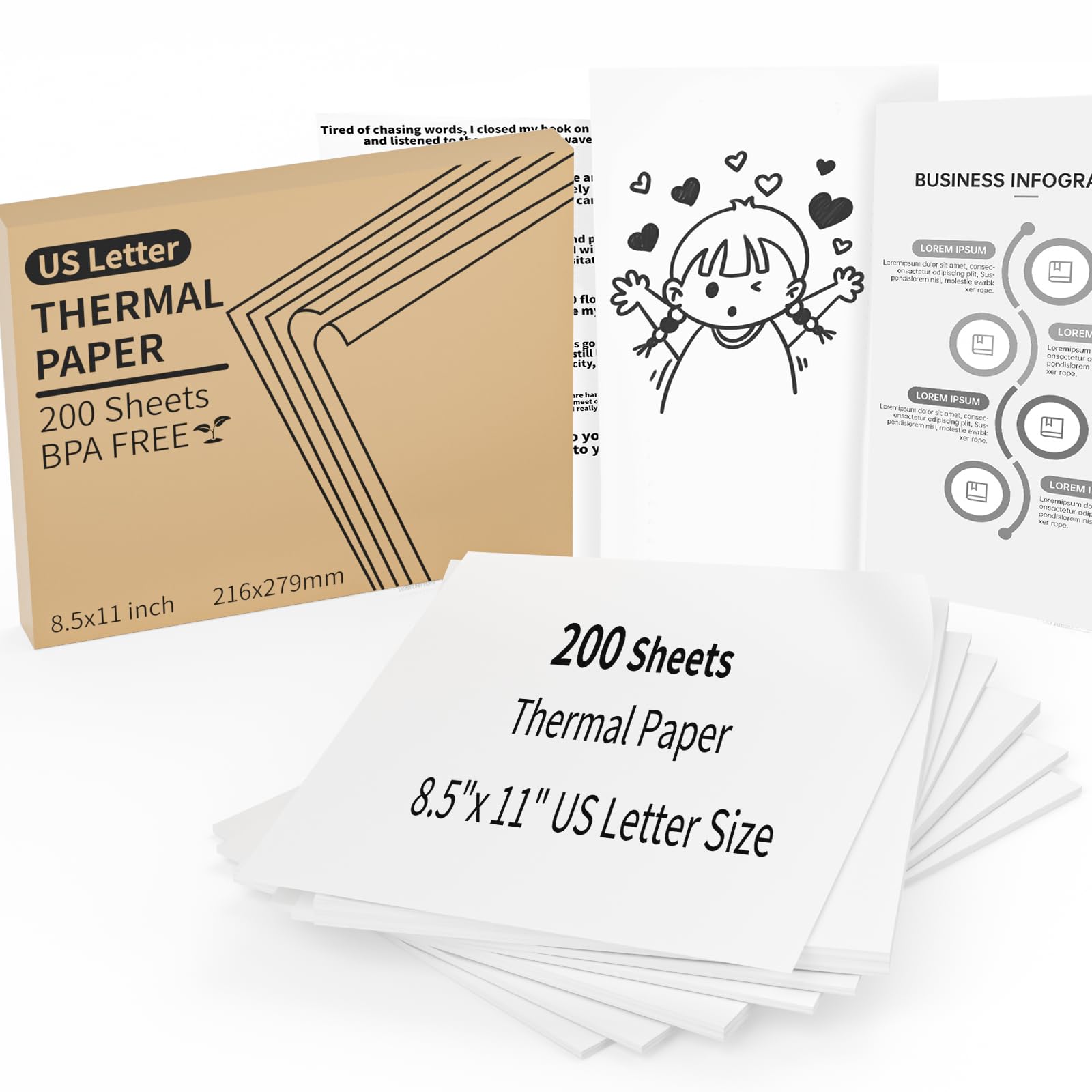 200 Sheets Thermal Printer Paper, 8.5"x 11" US Letter Size - High-Efficiency Durable Printing for Home Work, Printing Contract, Picture, Compatible with Most Thermal Printers (200  image 1