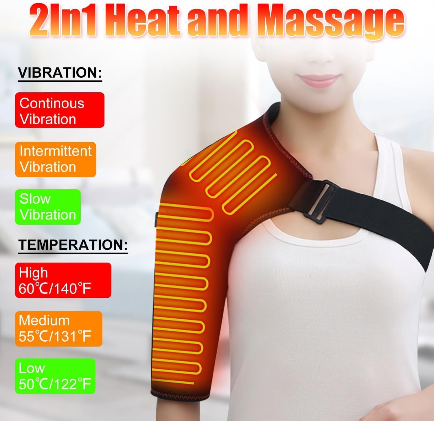WOOLALA Heated Shoulder Brace with Massager - Electric Heating Pad for Shoulder Pain Relief & Upper Arm Muscle, Portable Heated Wrap