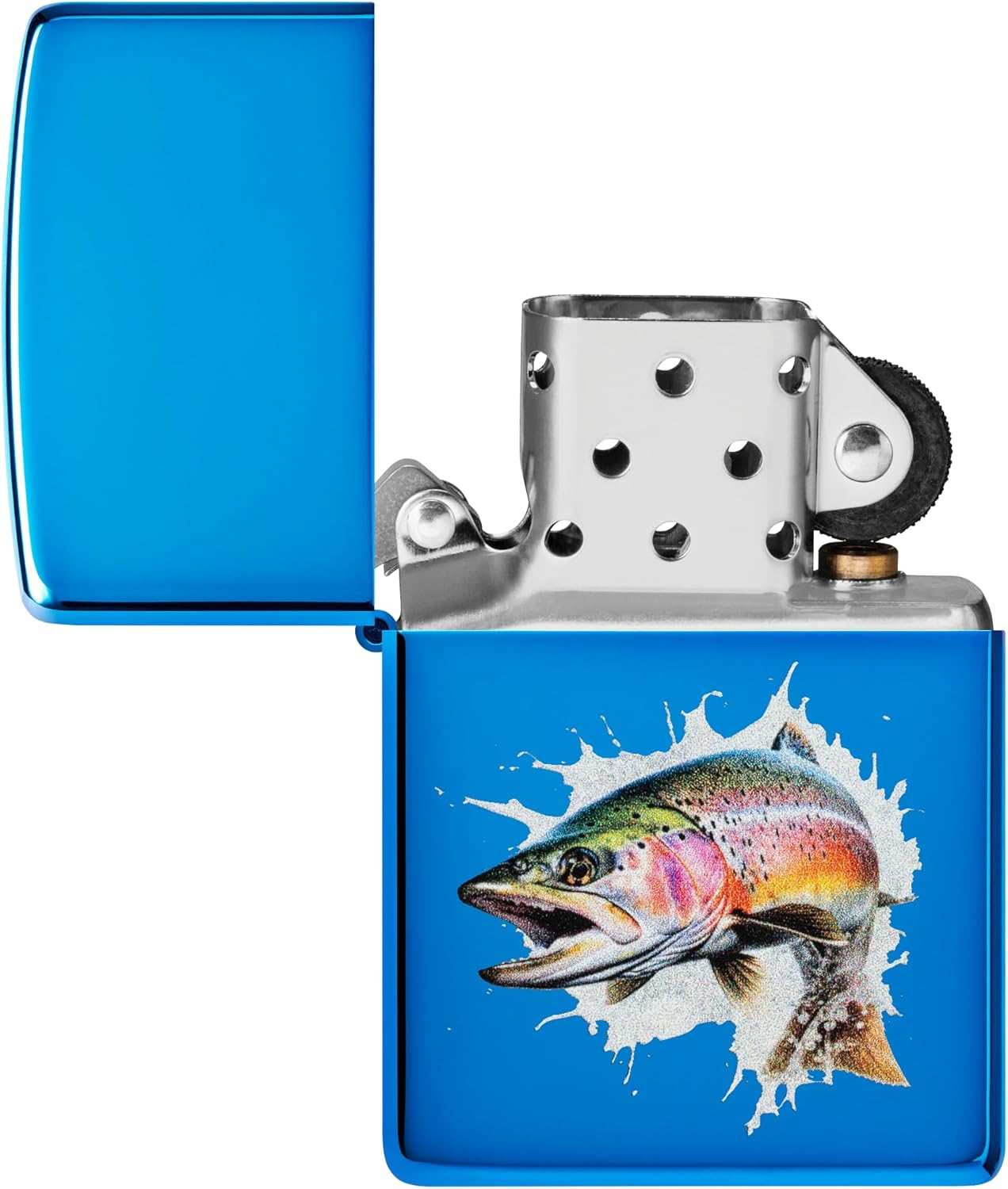 Zippo Windproof Lighter, Jumping Fish, High Polish Blue, Colour Image, Refillable, Reusable, Windproof Design, Gift Box, Made in USA