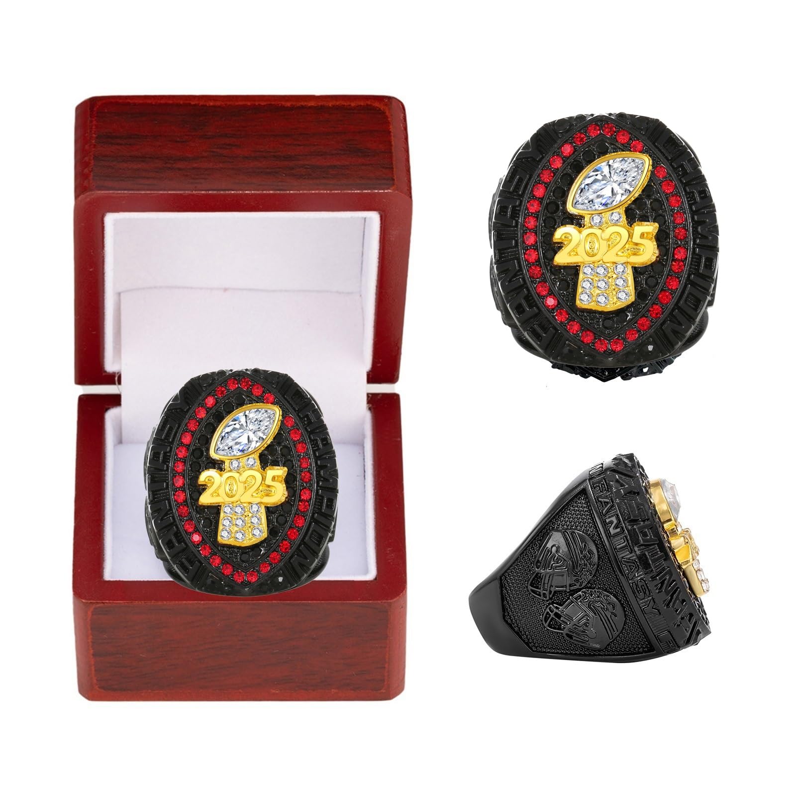 Fantasy Football Ring 2025, Anillo de campeonato negro, azul y rojo, Trofeo de campeonato FFL, Caja de regalo, Caja de presentación de anillos