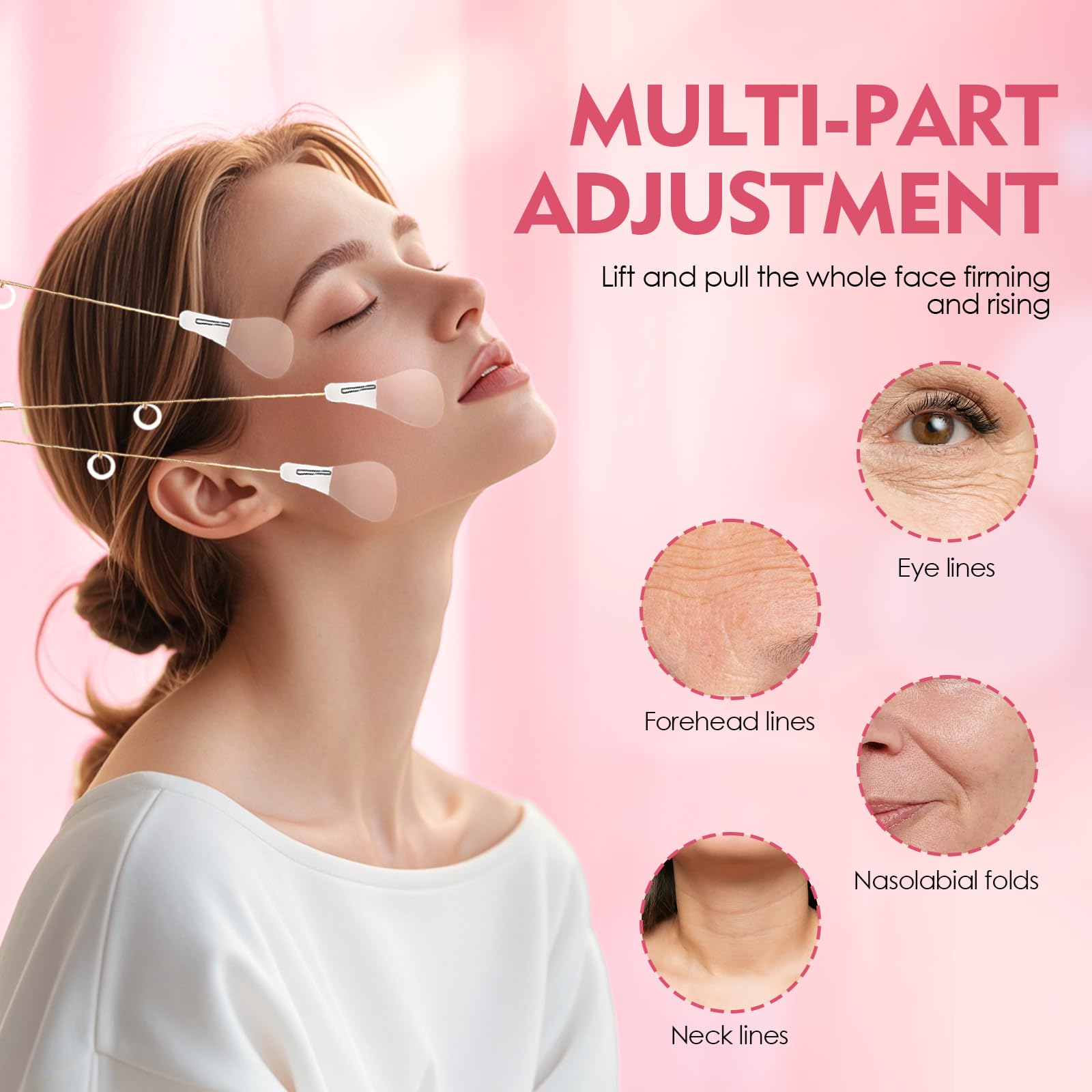 Tape Lifting Viso Set,Face Lifting Tape,Set di Nastri per il Viso contro il Doppio Mento,80 Adesivi Invisibili e 4 Corde di Sollevamento Riutilizzabili per un Contorno a V Istantaneo,Collo