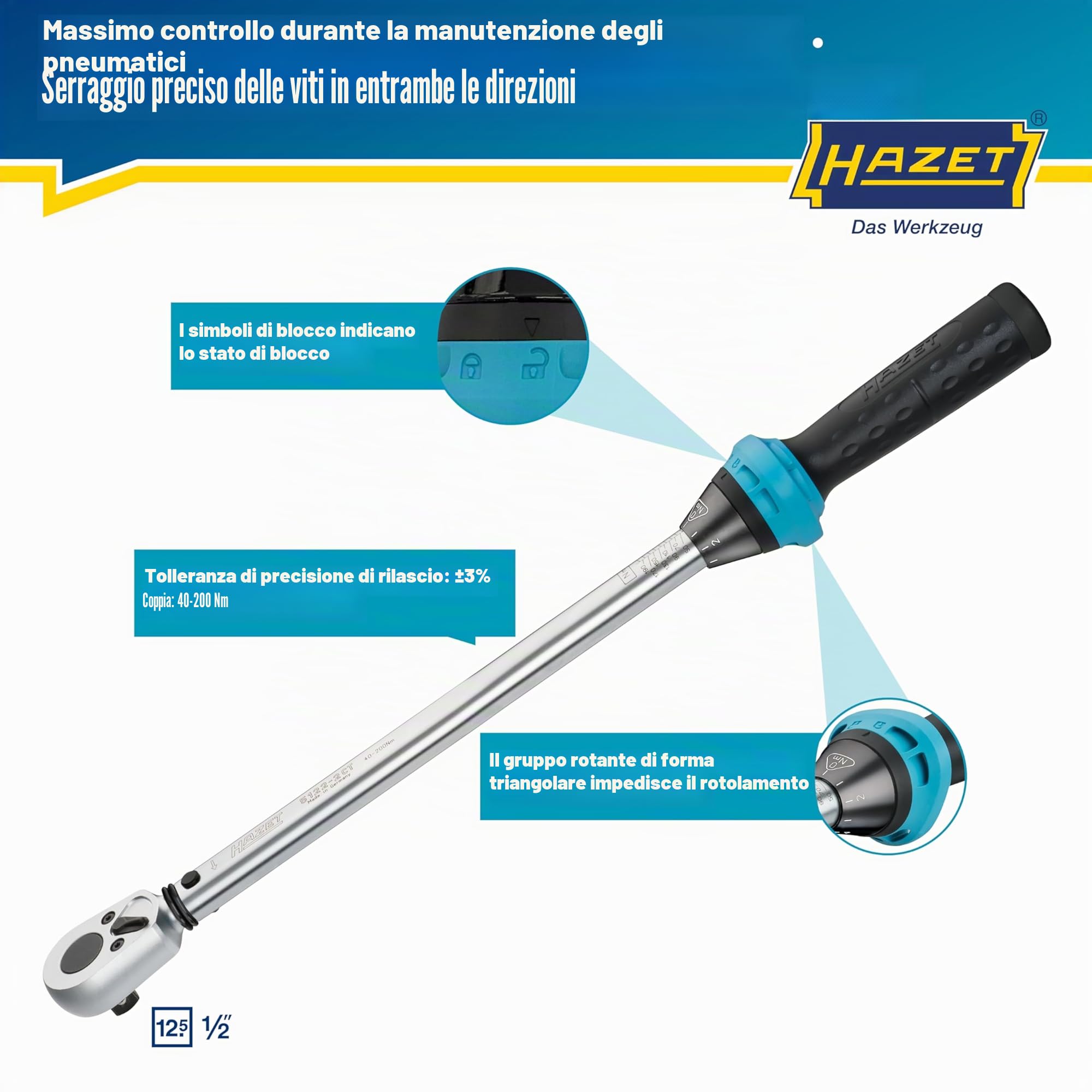Hazet 5122-2Ct Chiave Dinamometrica Con Leva A Cricchetto Reversibile, Multicolore, Attacco Quadro, Massiccio, 12.5 mm 1/2 di Pollice