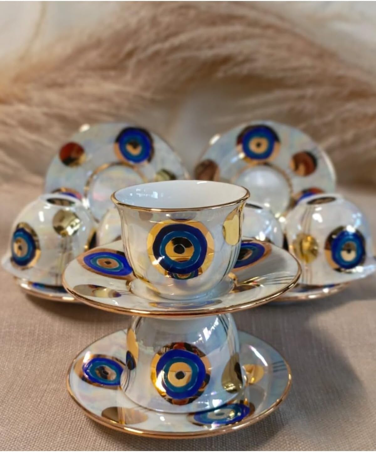 SODEF Mirra Coffee Cup Set, Porcelain Hand Painted, Turkish Coffee Set, 6 Person, Colorful Evil Eye Design, Traditional Style, 70ml Cups - Multicolor, One Size