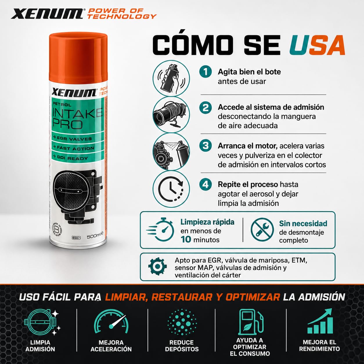 Xenum Intake Pro Petrol 500 ml – Limpiador Sistema de Admisión Gasolina, Limpia EGR, Válvula de Mariposa y Conductos, Acción Rápida, Sin Desmontaje Completo