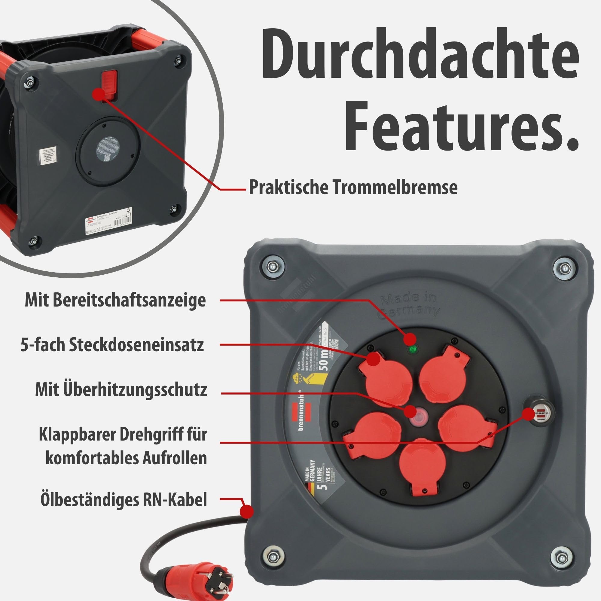 Brennenstuhl Avvolgicavo professionale per cantiere, KA 5100 5 IP44 (cavo 50 m H07RN-F 3G1,5 in nero, 5 prese di sicurezza, uso in cantiere e uso esterno permanente, Made in Germany)