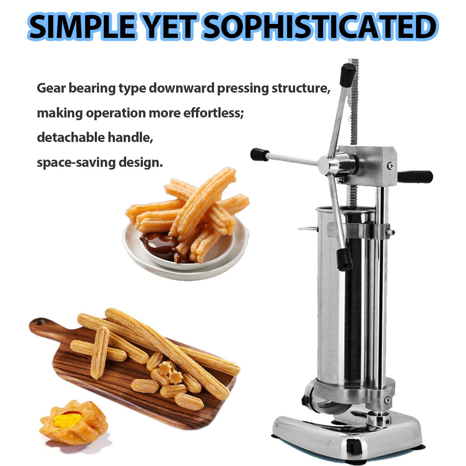 Gewerbliche manuelle Churro-Maschine, 2L/3L spanische Churrera-Maschine & Donut-Füller, 5 austauschbare Düsen, leicht zu reinigender Edelstahl für lateinamerikanische Frucht-Donuts & Churros 3L
