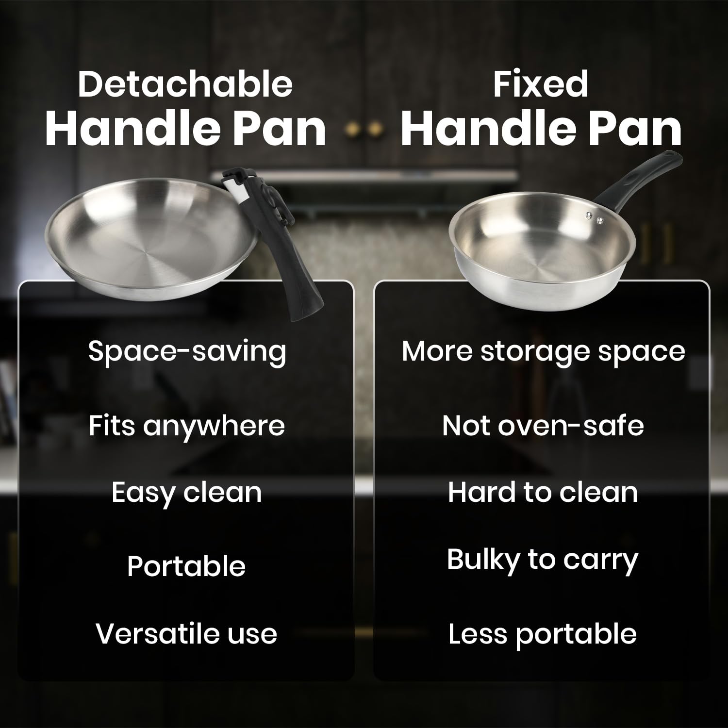 Padella in acciaio inox con coperchio con manico staccabile - Coperchio universale per padelle a induzione a 3 strati da 24/26/28 cm - Adatta al forno - Pentole da cucina compatte
