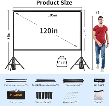 TOWOND 120 Inch Projector Screen and Stand, 16:9 HD Portable Adjustable Indoor Outdoor Projection Screen, Front and Rear Projection, Carry Bag Included for Home, Garden & Camping