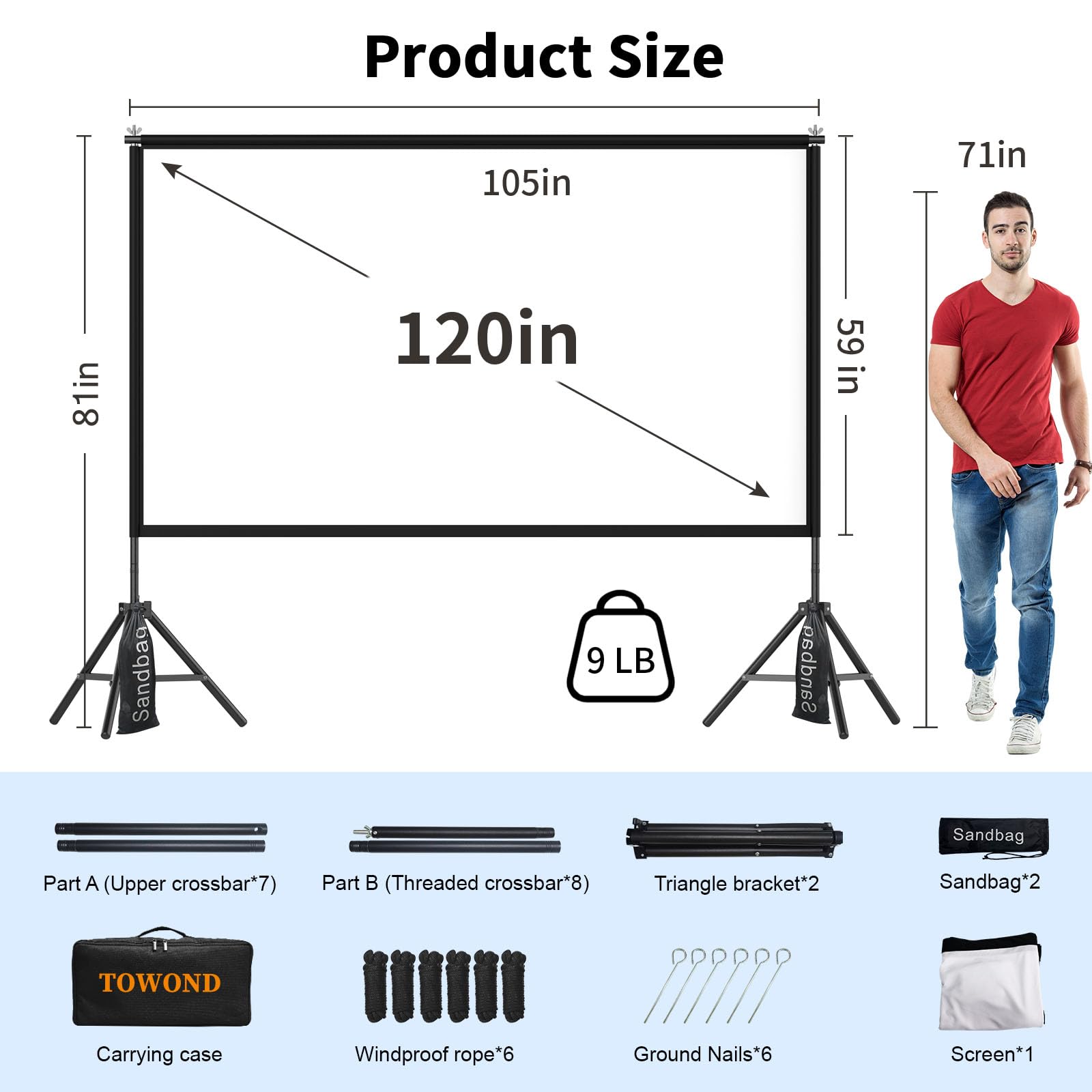 TOWOND Écran de projection de 120 pouces avec support, écran de projection portable HD 16:9 réglable pour intérieur et extérieur, projection avant et arrière, sac de transport inclus pour la maison