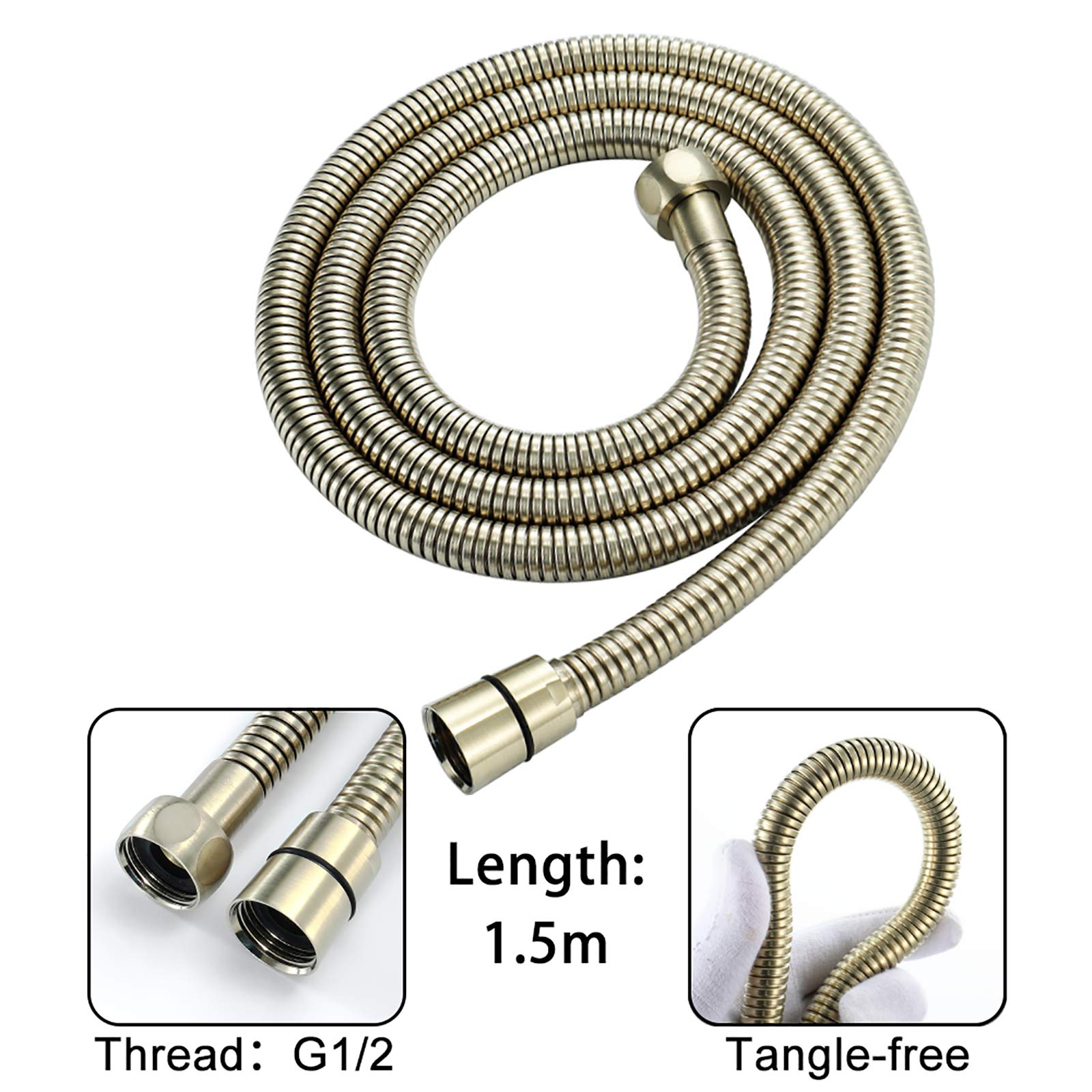 Oro Cepillado Alcachofa de Ducha Alta Presión Cabezal de Ducha, Universal Latón Ducha de Mano con 1.5M de Acero Inoxidable Tubo Flexible y Latón Soporte