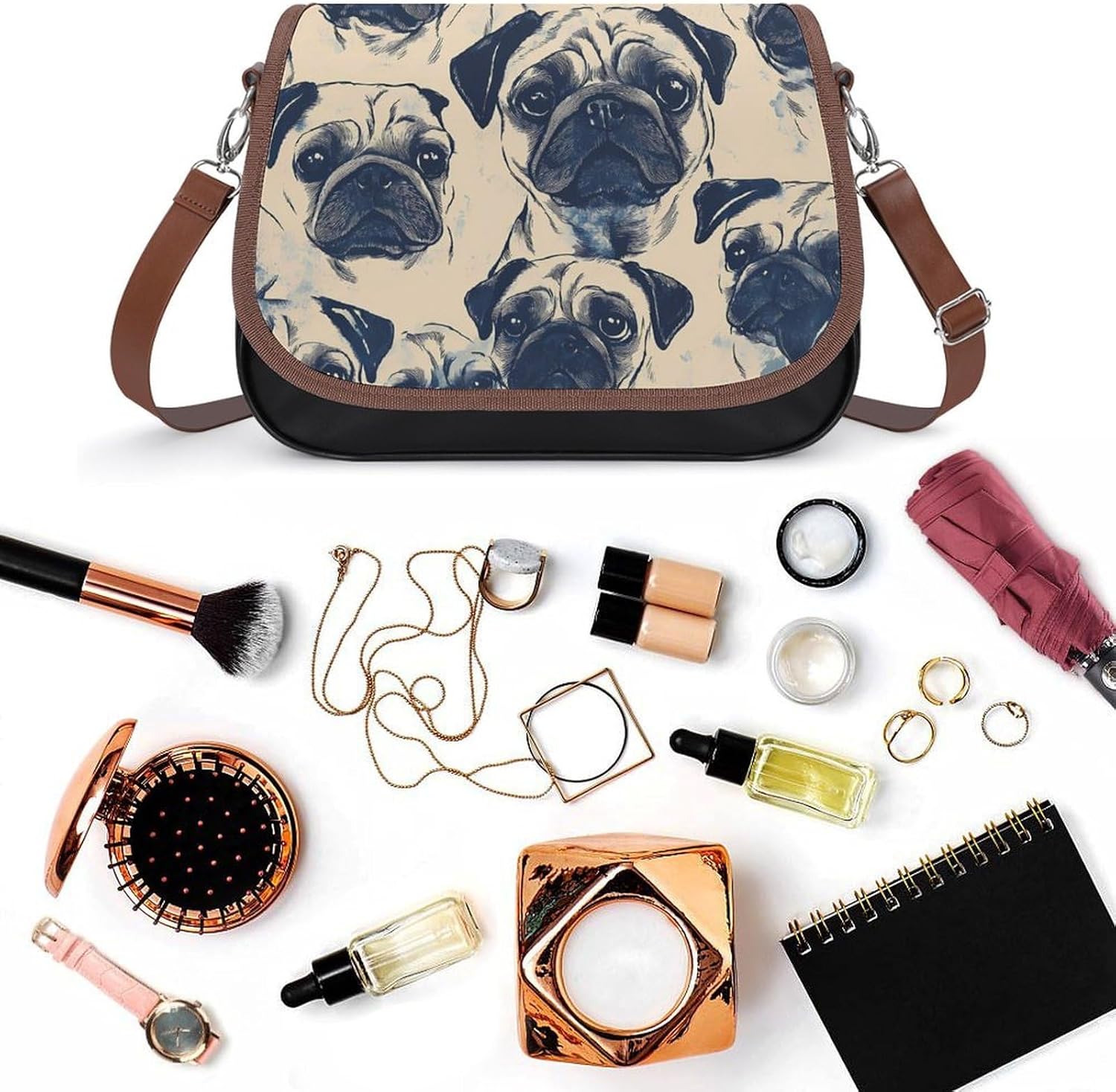 Pugs Dog Heads Pattern Women Crossbody Purse Leather Messenger Bag Handbags Shoulder Strap Bags