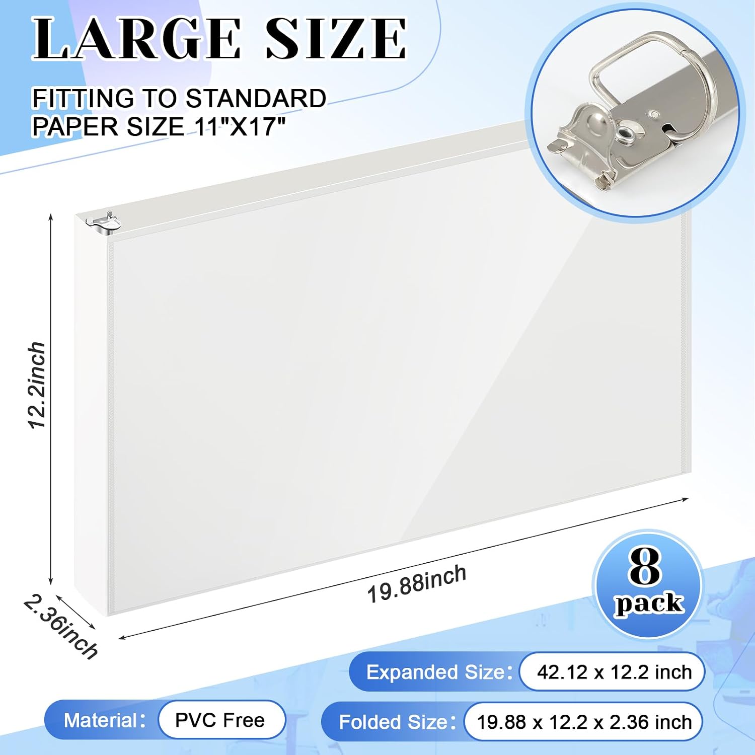 8 Pcs 11 x 17 Inches View Binders 2 Inch 3 Rings Heavy Duty View D Ring Binders Economy Holds 11" x 17" Paper for Artwork Blueprints, Office, Home, Work Places (White)