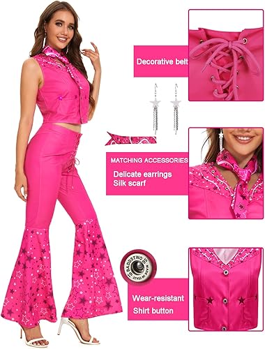 Miniatura 6 de Poboola Trajes de vaquera rosa para mujer, disfraz de los años 70 y 80, pantalón hippie de discoteca acampanada, disfraces de Halloween, cosplay