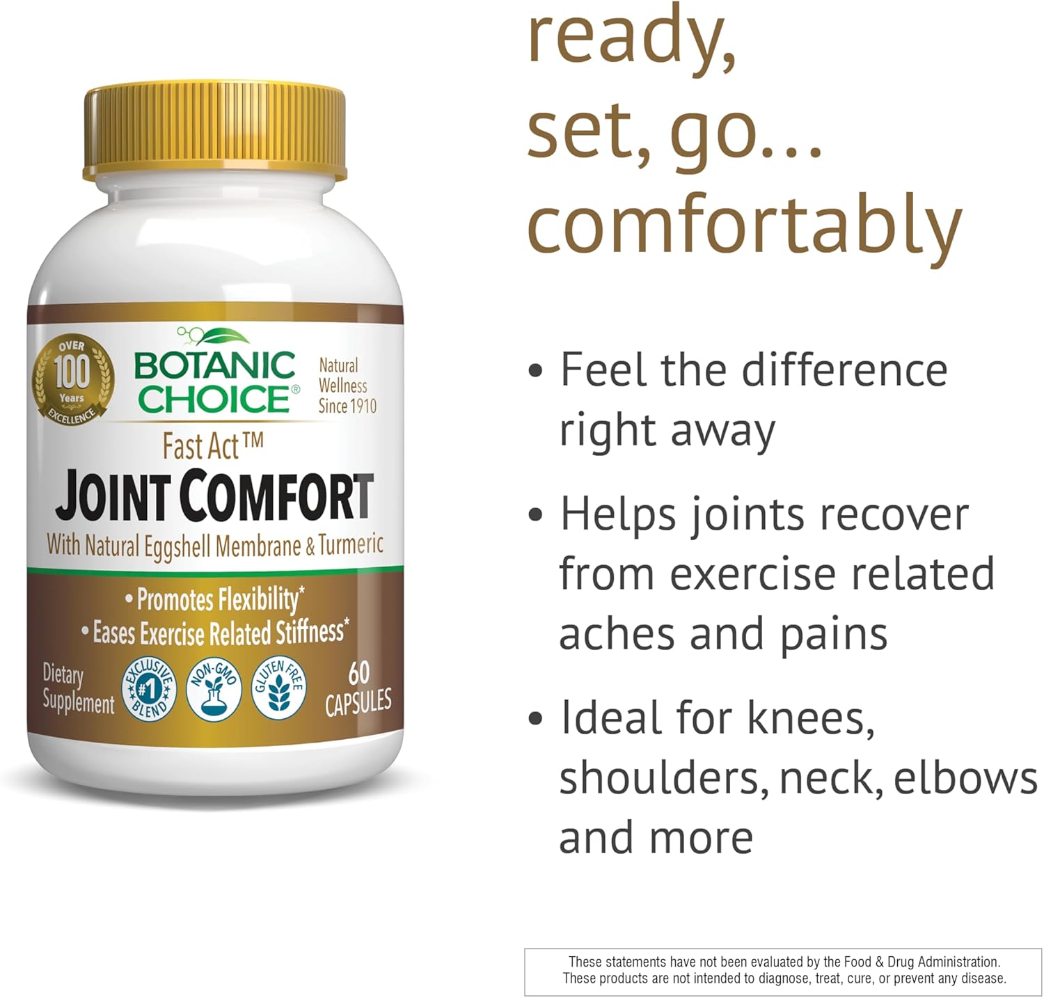Botanic Choice Fast Act Joint Comfort with NEM Natural Eggshell Membrane, Turmeric Curcumin, Bioperine, & White Willow Bark, Supports Joint Health, 60 500mg Capsules