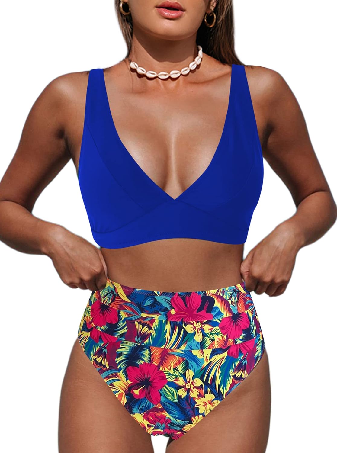Hilinker Women's Leopard Bikini Swimsuits V Neck High Waisted 2 Piece Bathing Suits Small Royal Blue Floral