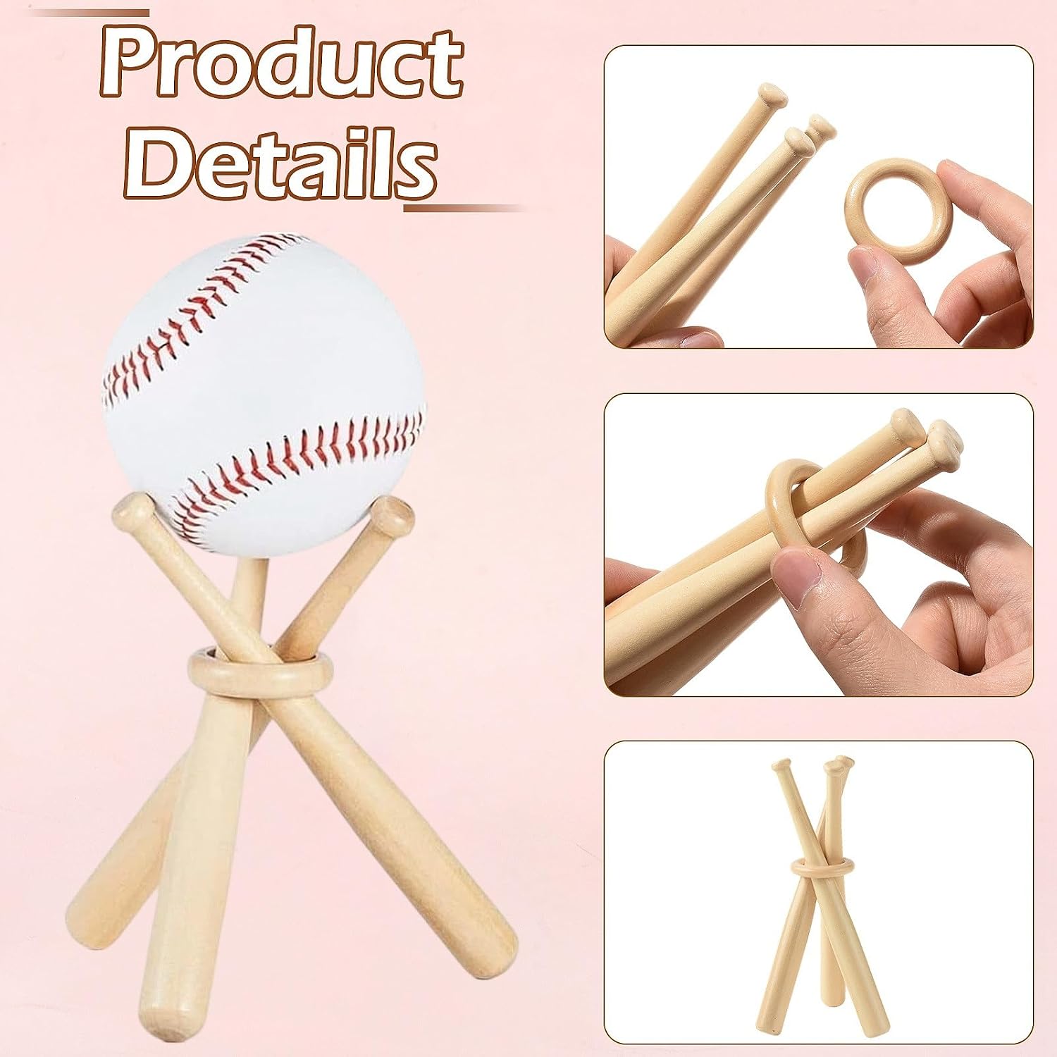 LiQunSweet 1 Set Wooden Mini Baseball Stand, Wood Sport Ball Stand Display, Natural Burlywood, 5.9 x 0.6 Inch, Sports Party Favors