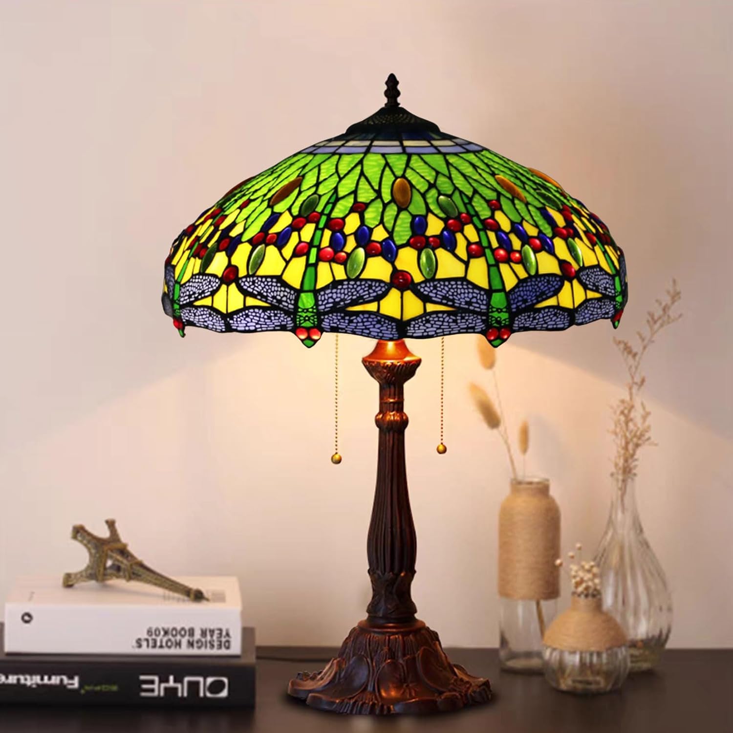 Dragonfly Style Stained Glass Lamp Shade Replacement Only 18X9 Inch Tiffany Lampshades Vintage Handmade Orange Green Blue Yellow Light Cover for Table Lamp Pendant Light Floor Lamp,Yellow